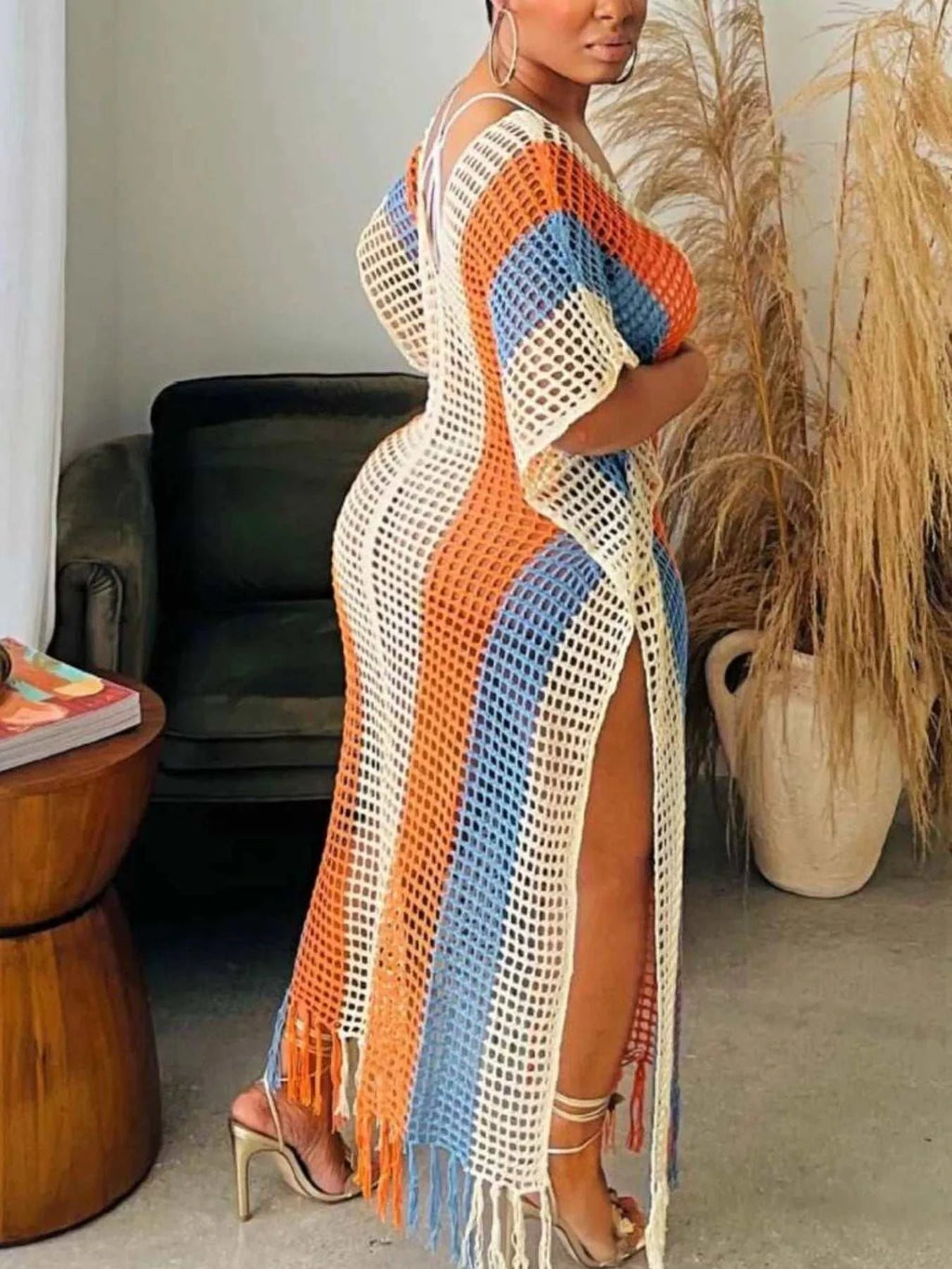 Striped Crochet Cover-Up Dress with Fringe - GlowUp Garments