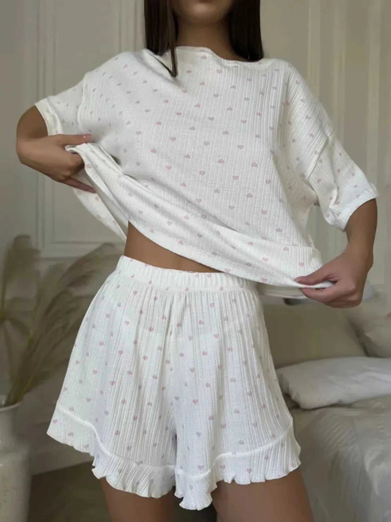 Heart Print Casual Top and Shorts Lounge Set - GlowUp Garments