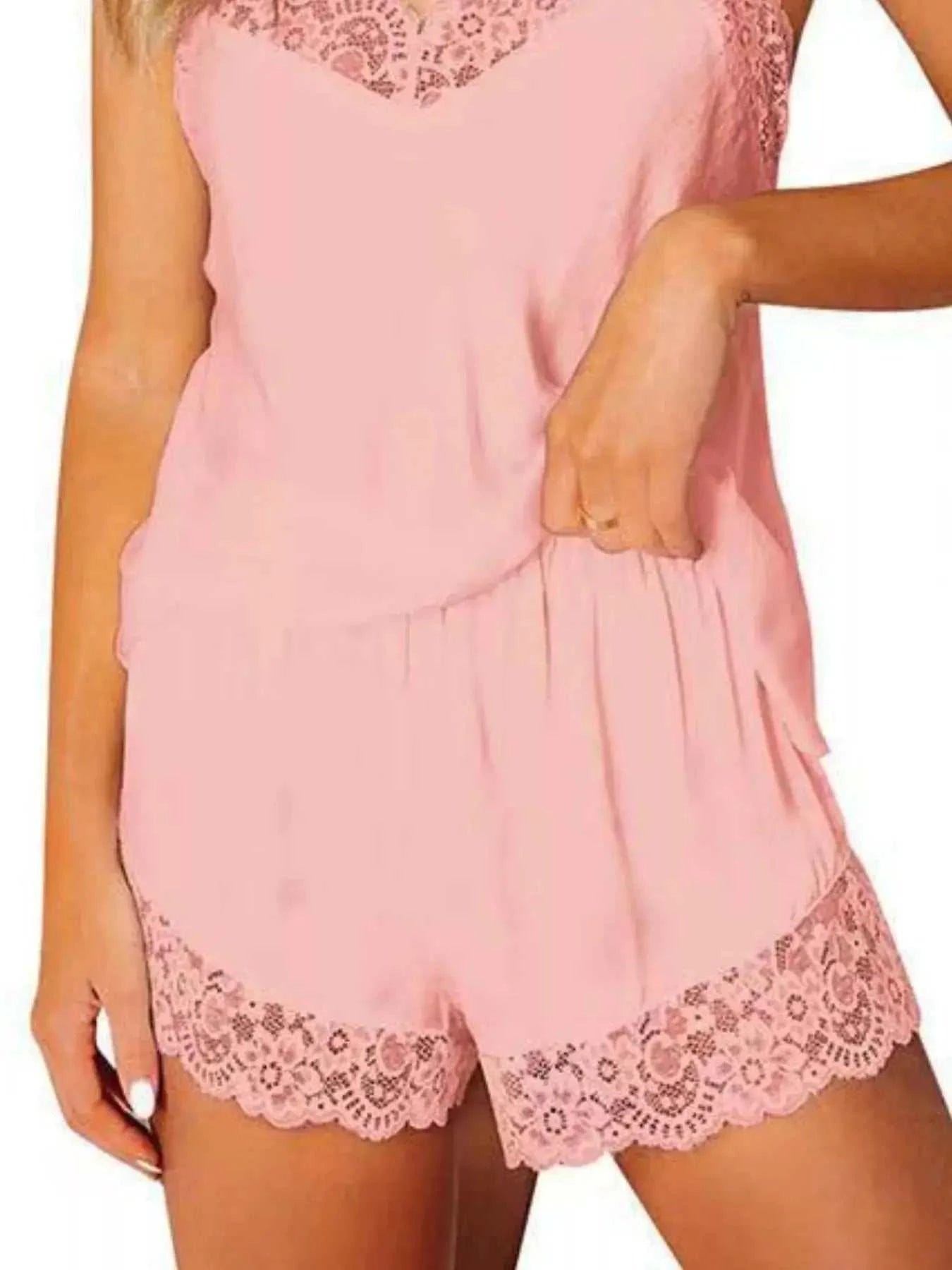Lace Trim Cami and Shorts Lounge Set - GlowUp Garments
