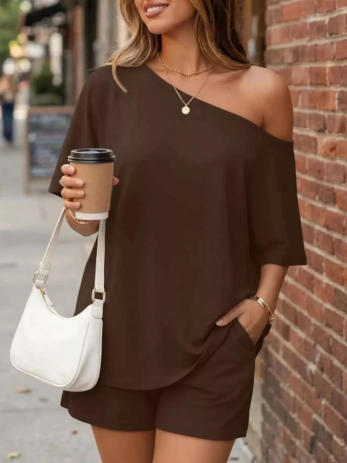 Full Size One Shoulder Top and Shorts Set Plus Size - GlowUp Garments