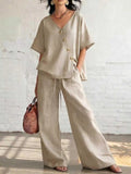 Full Size Surplice Half Sleeve Top and Wide-Leg Pants Set Plus Size - GlowUp Garments
