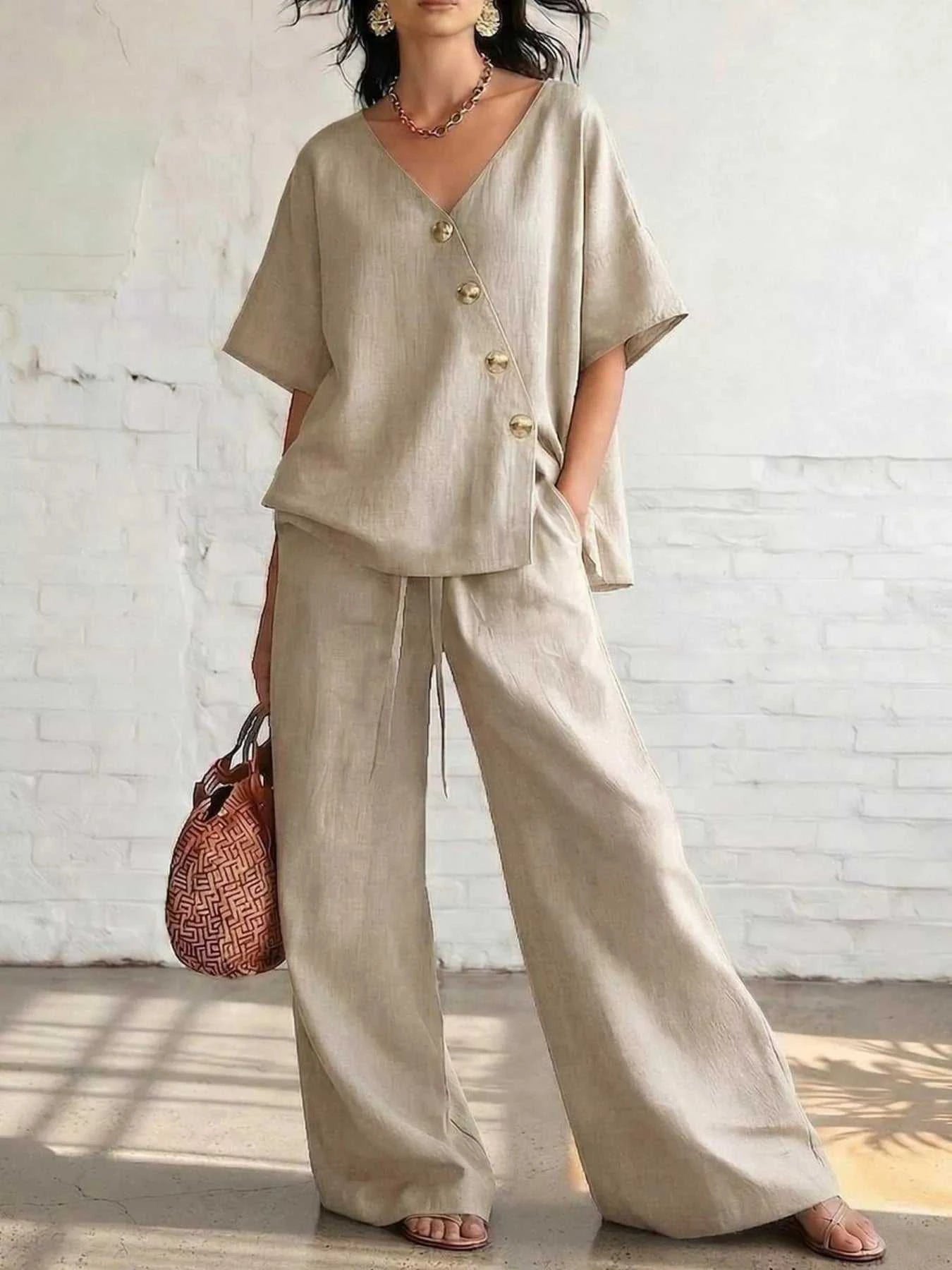 Full Size Surplice Half Sleeve Top and Wide-Leg Pants Set Plus Size - GlowUp Garments