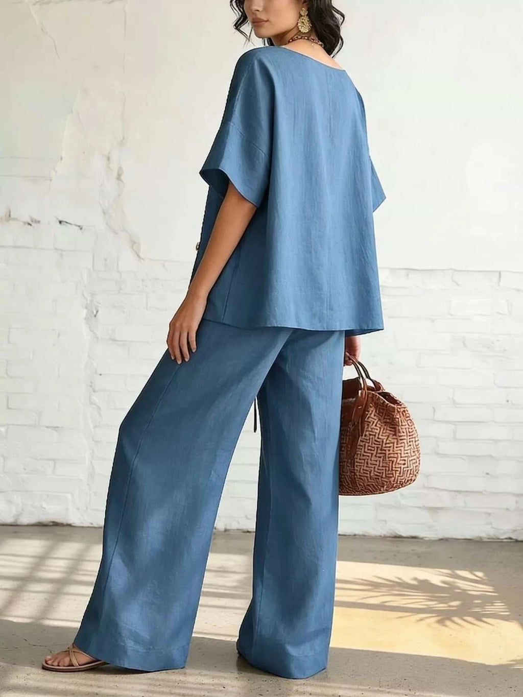 Full Size Surplice Half Sleeve Top and Wide-Leg Pants Set Plus Size - GlowUp Garments