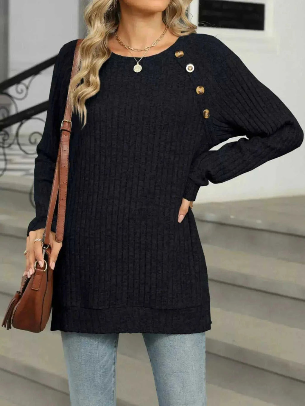Round Neck Side Slit Ribbed Knit Top with Asymmetric Button Detail - GlowUp Garments