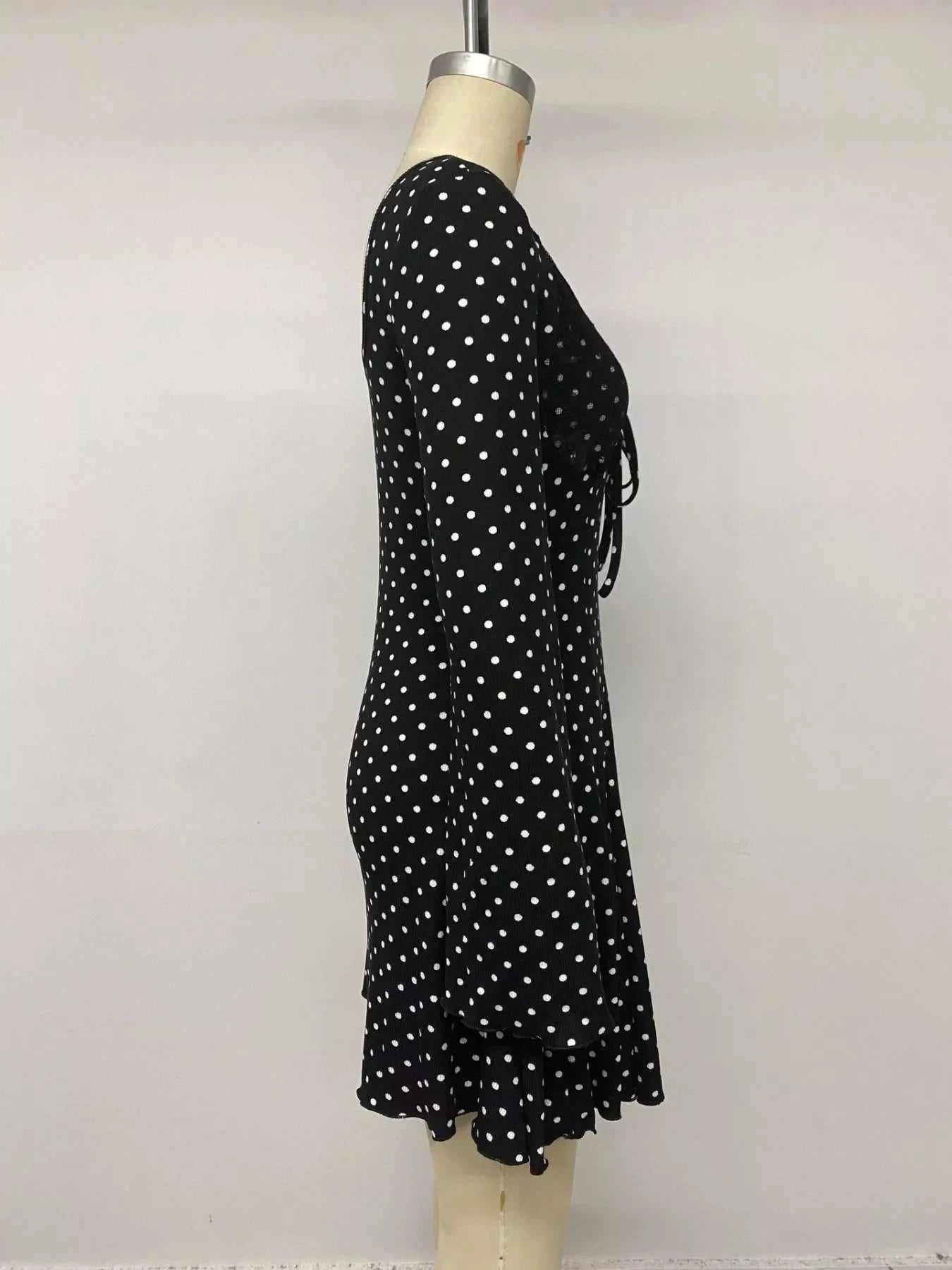 Polka Dot Lace Trimmed V-Neck Mini Dress - GlowUp Garments