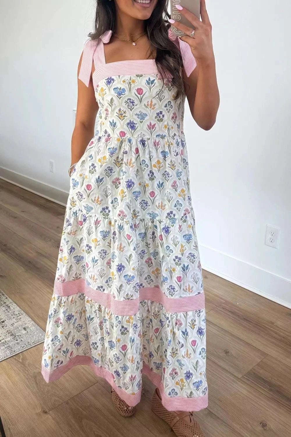 Tiered Floral Tie Shoulder Midi Dress - GlowUp Garments
