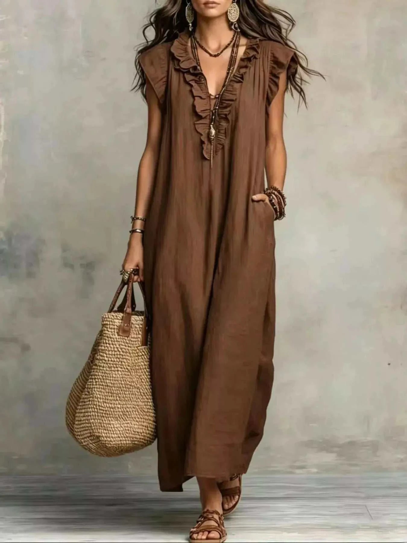 Full Size Ruffled V-Neck Cap Sleeve Maxi Dress Plus Size - GlowUp Garments