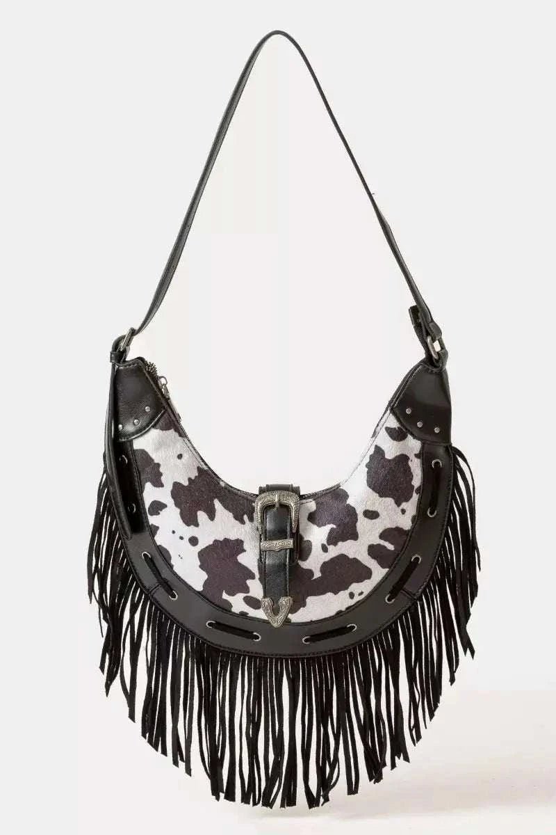 Cow Print Faux Leather Fringe Hobo Bag - GlowUp Garments