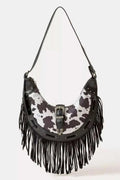 Cow Print Faux Leather Fringe Hobo Bag - GlowUp Garments
