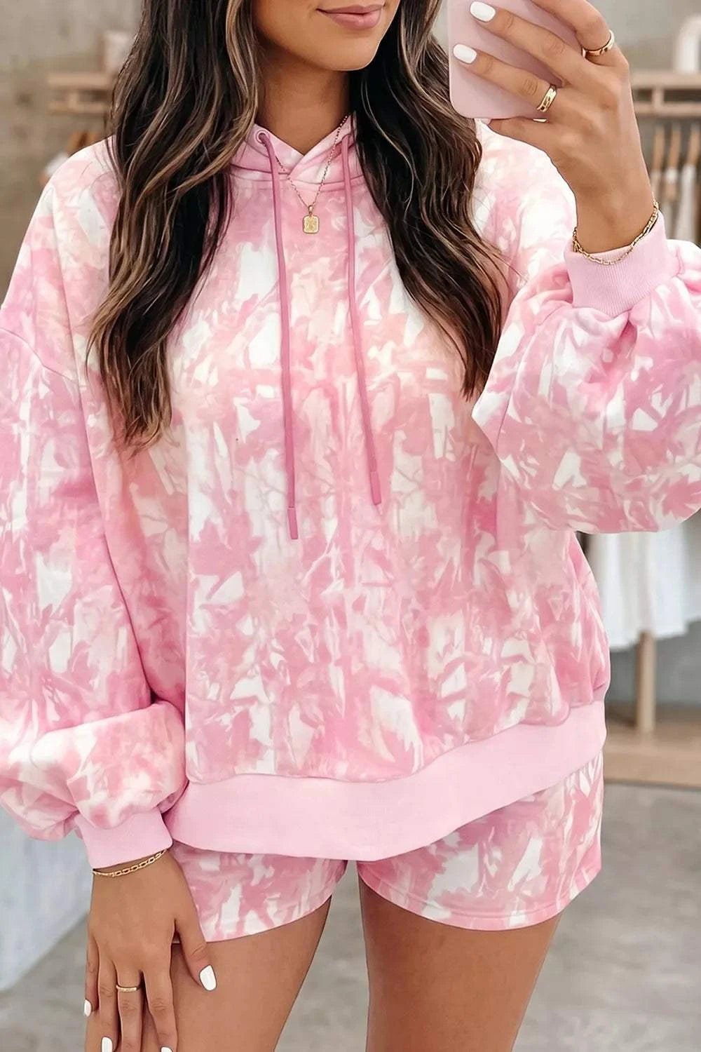 Abstract Print Loose Hoodie Slim Shorts 2pcs Set - GlowUp Garments