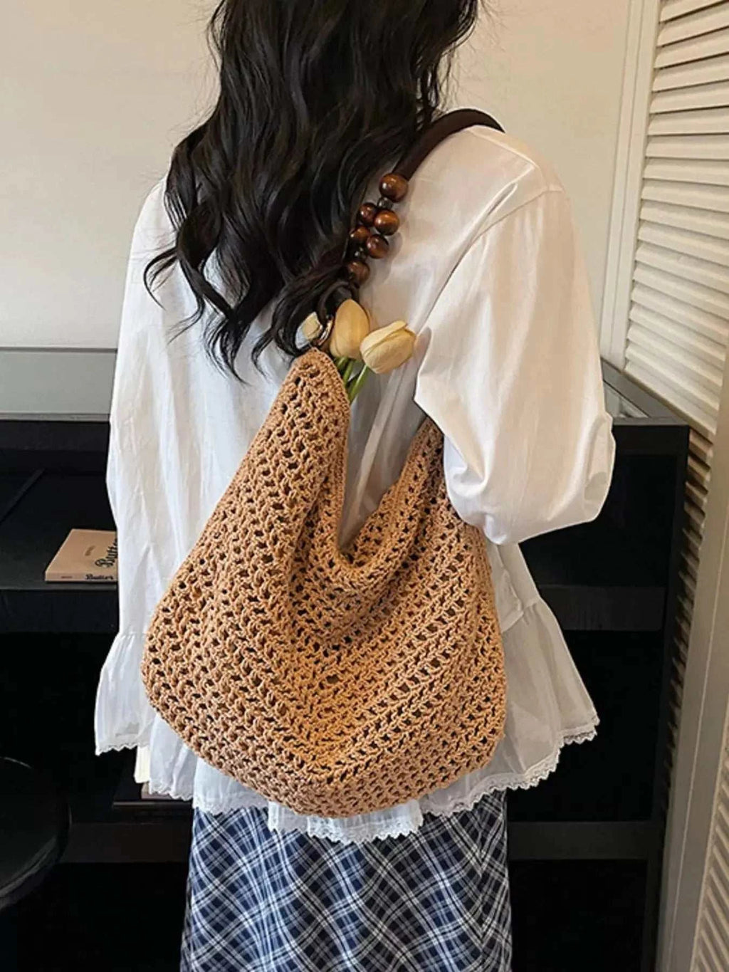 Knitted Shoulder Bag with Wooden Bead Handle - GlowUp Garments