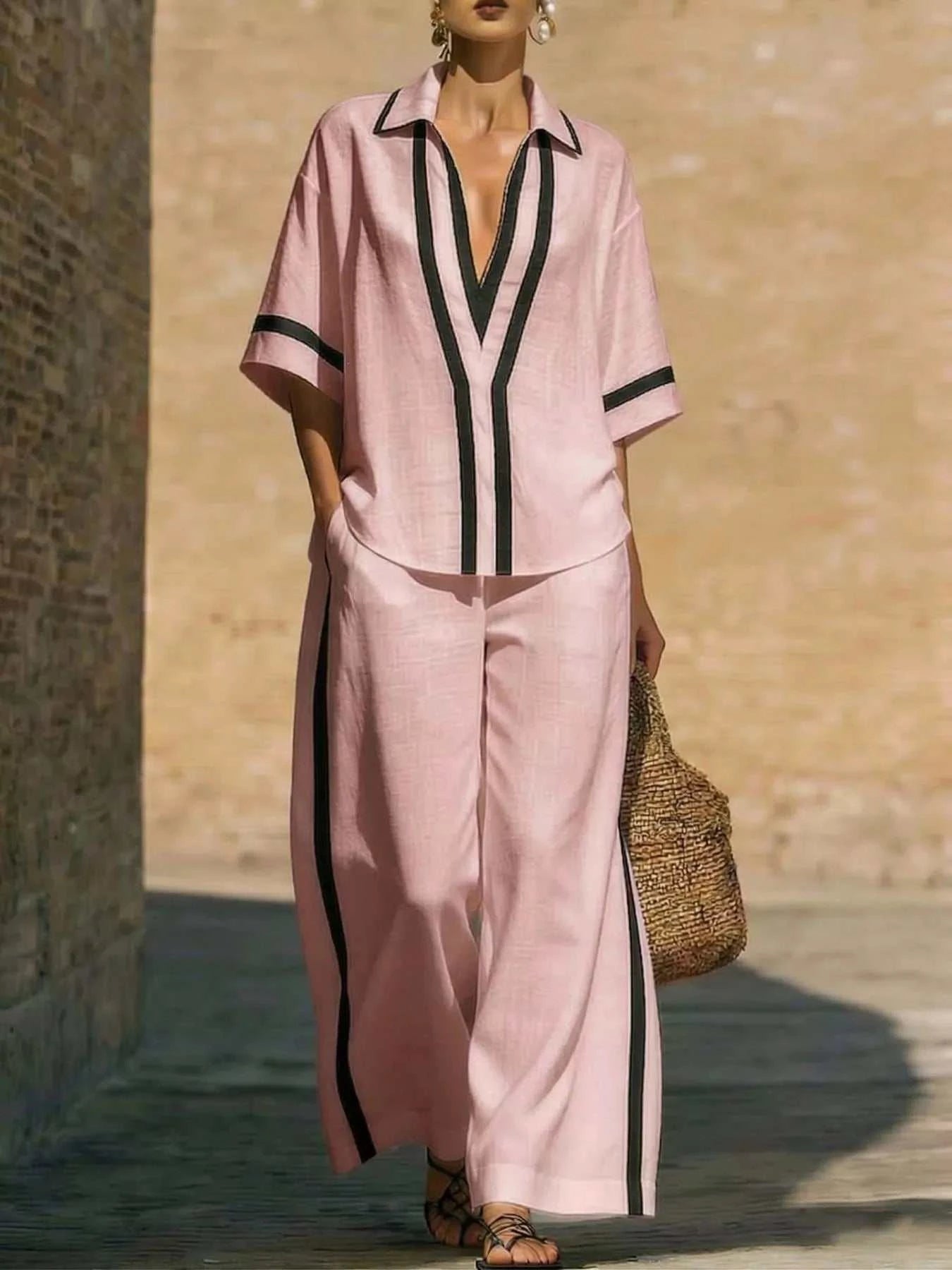 Full Size Contrast Trim Top and Pants Set Plus Size - GlowUp Garments