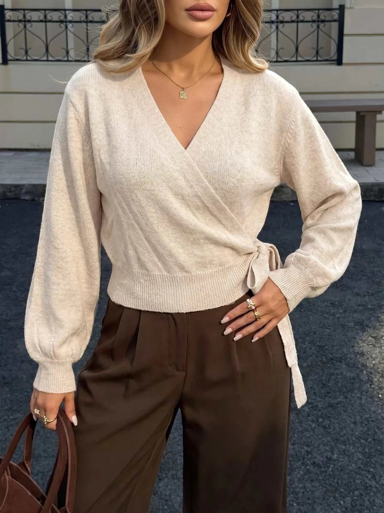 Tied Surplice Long Sleeve Sweater - GlowUp Garments