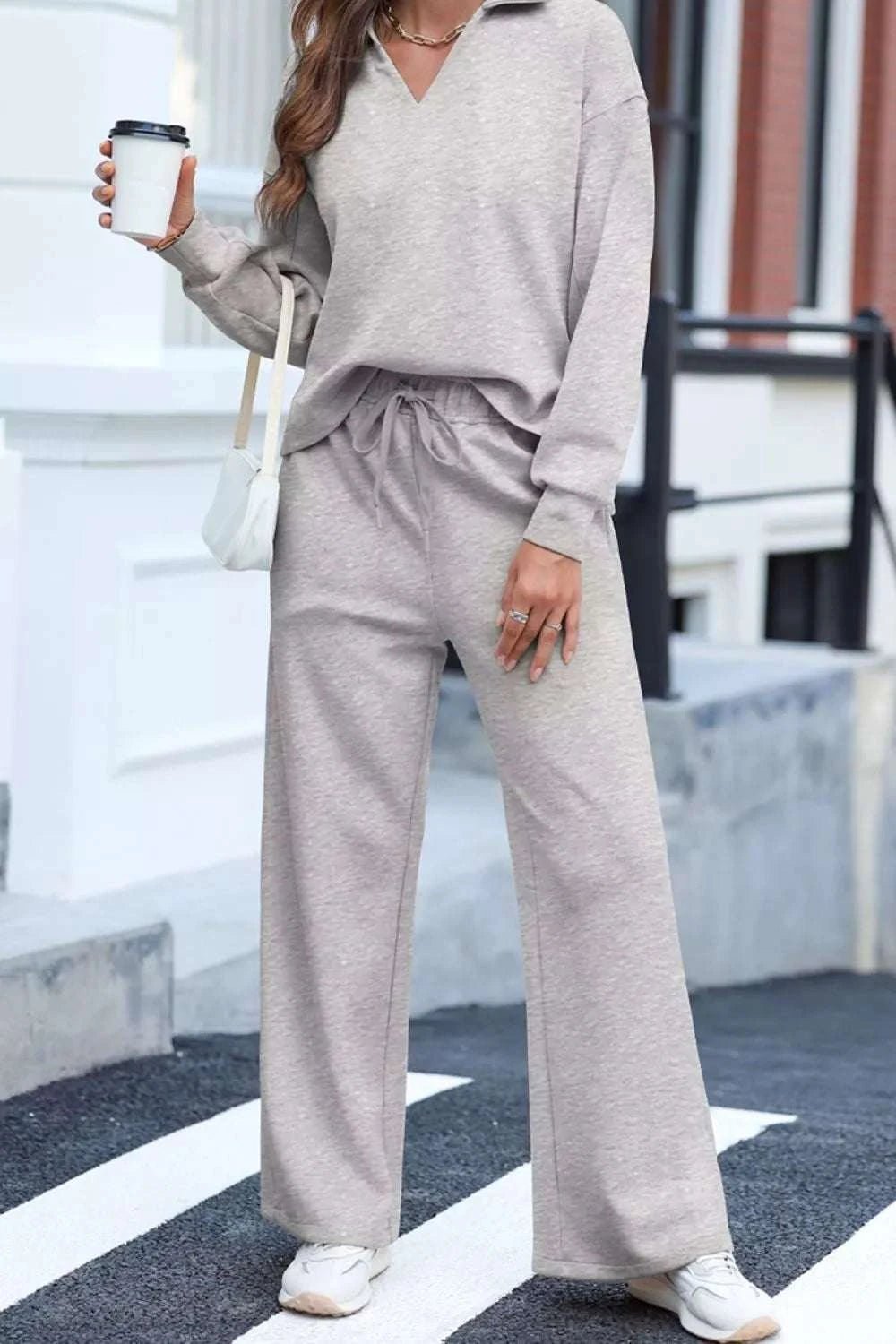 Solid Color V Neck Top and High Waist Pants Set - GlowUp Garments