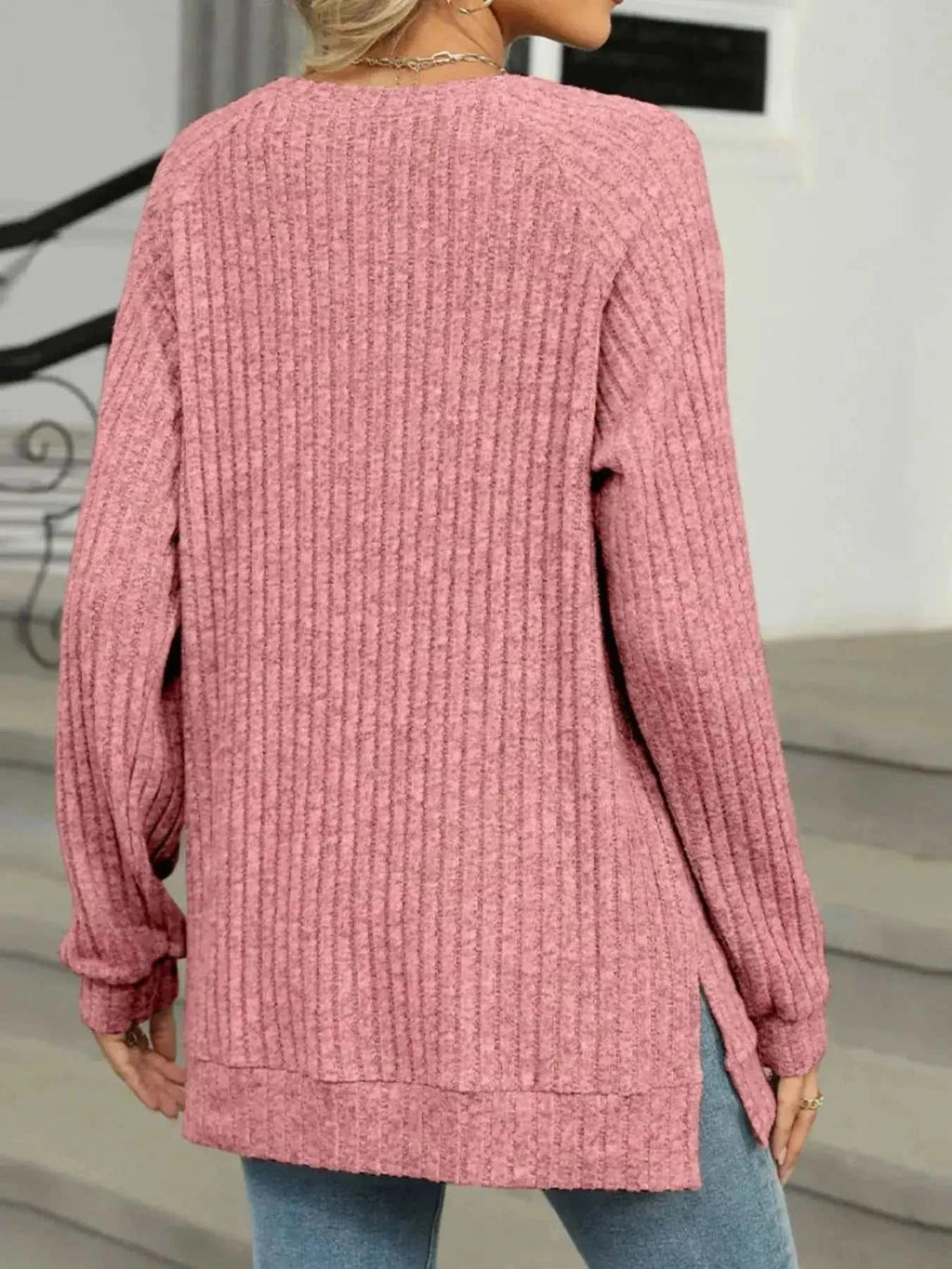 Round Neck Side Slit Ribbed Knit Top with Asymmetric Button Detail - GlowUp Garments