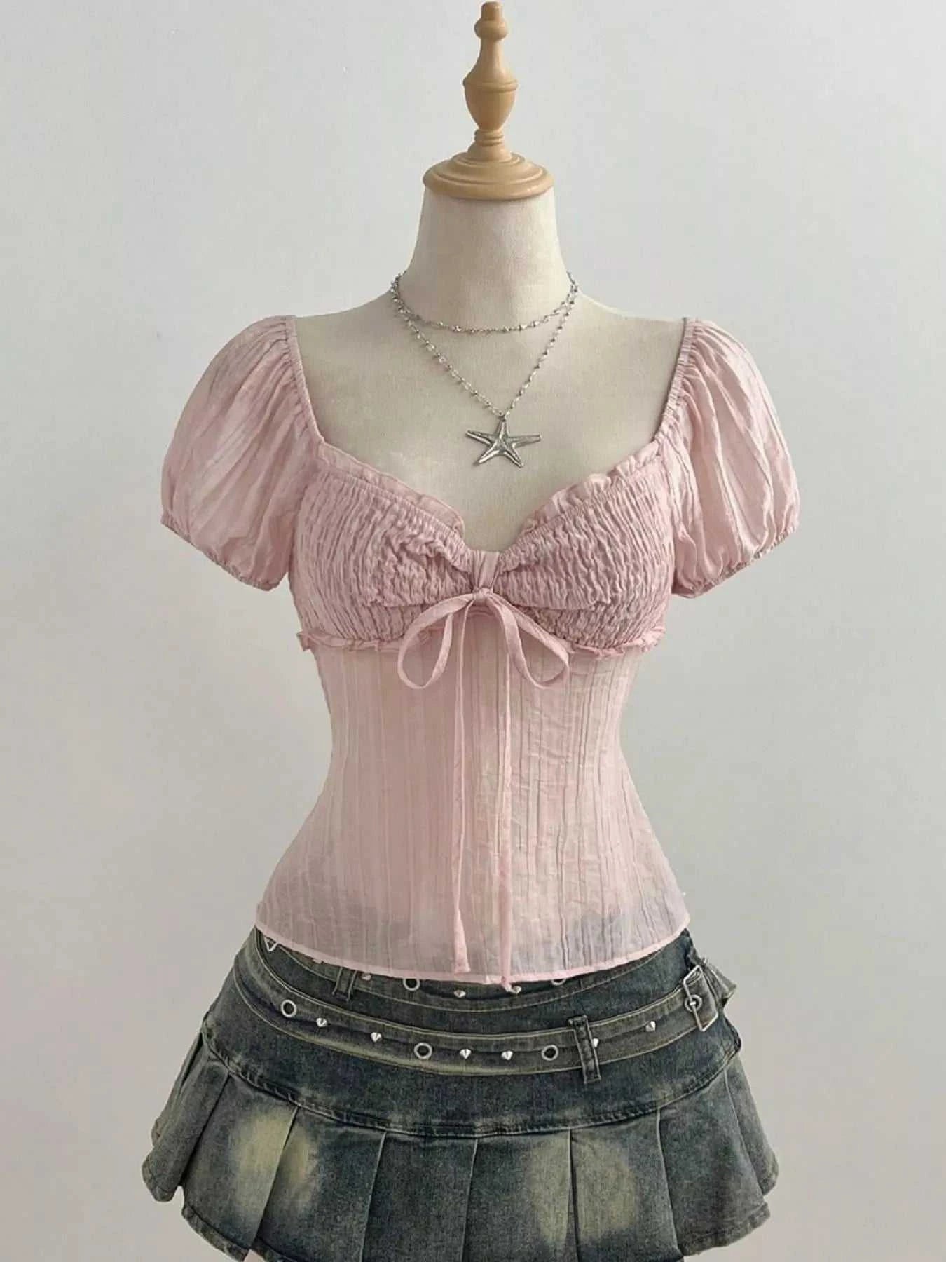 Sweetheart Neck Puff Sleeve Smocked Blouse - GlowUp Garments