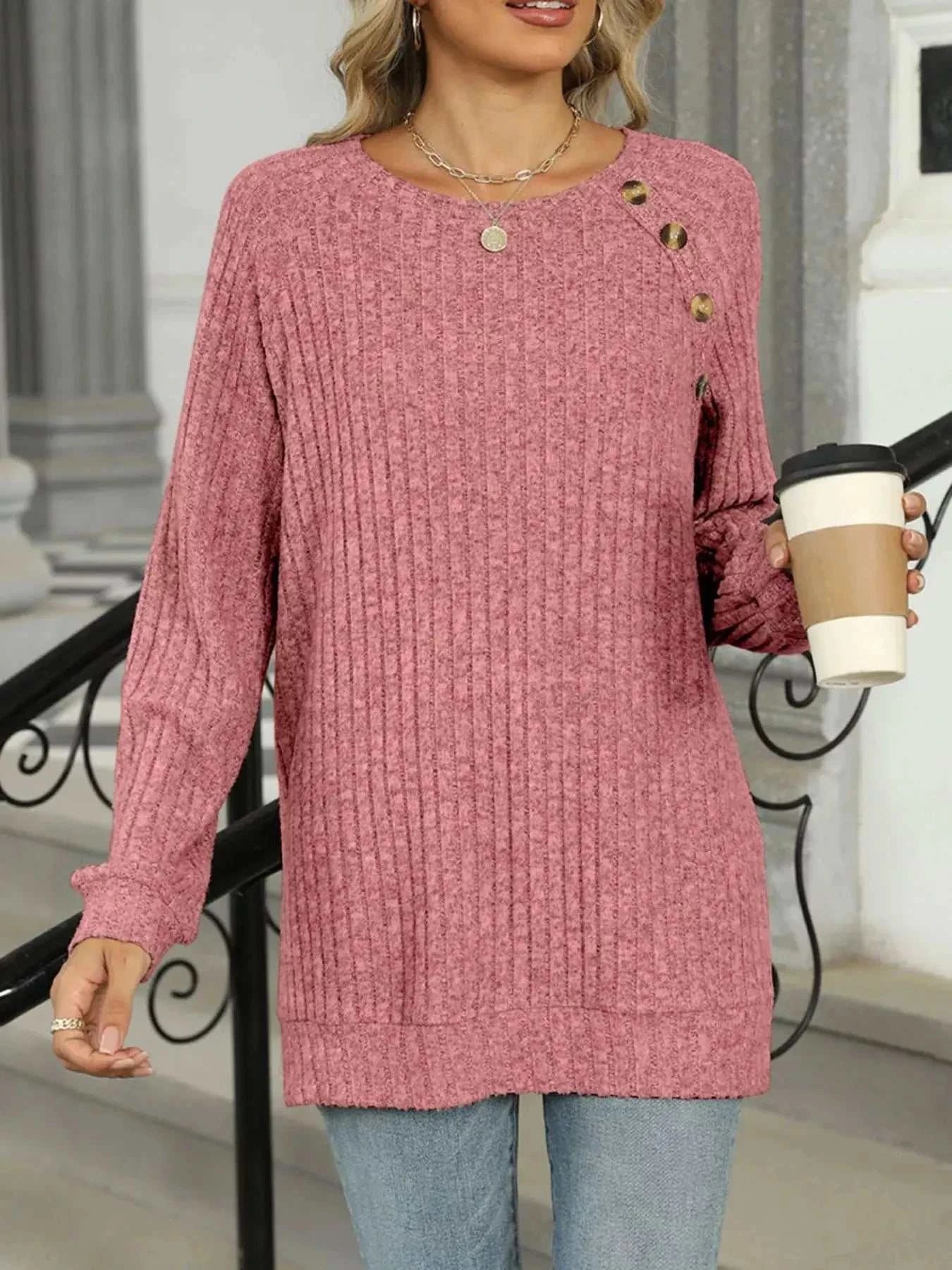 Round Neck Side Slit Ribbed Knit Top with Asymmetric Button Detail - GlowUp Garments