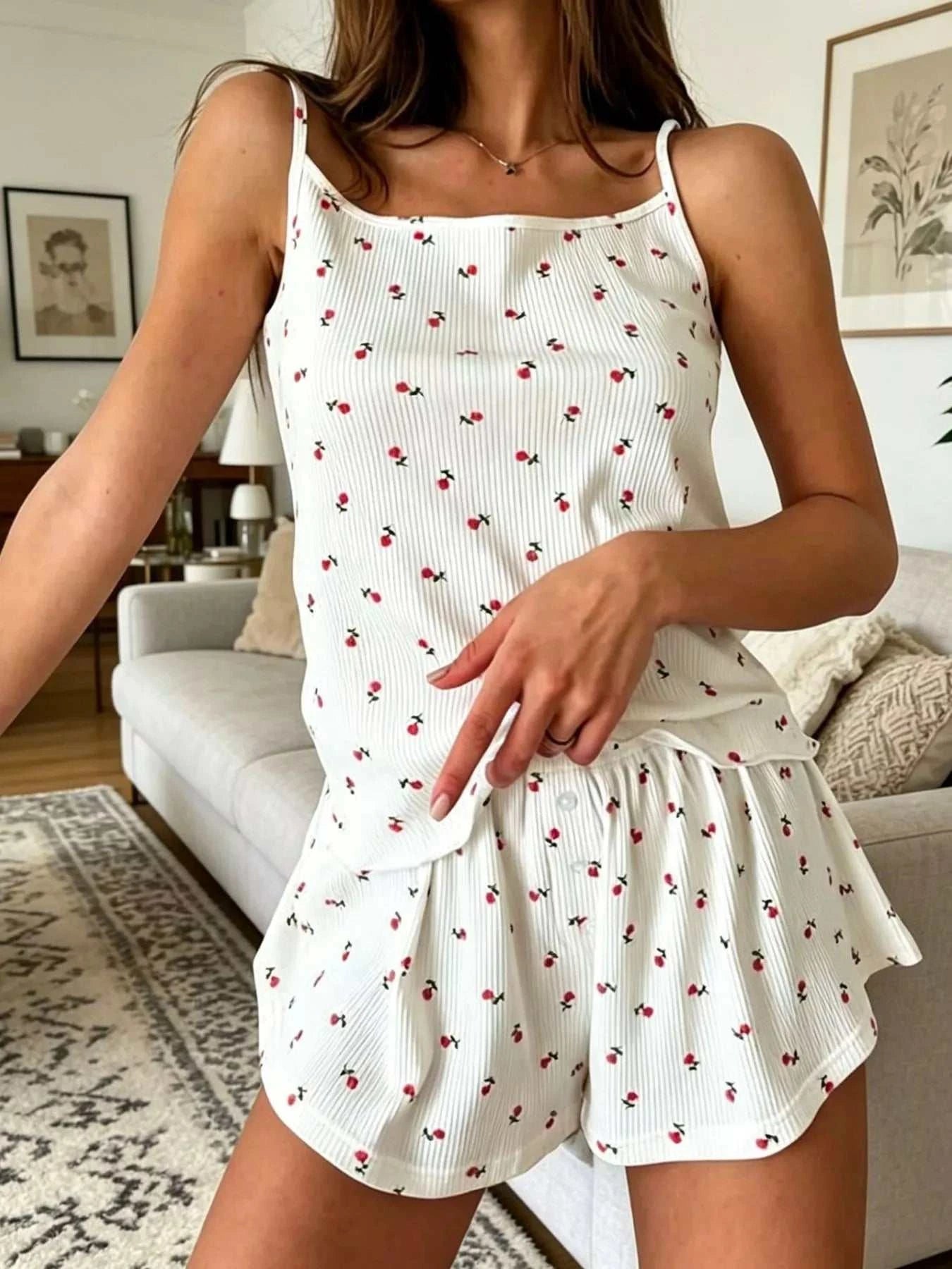 Floral Print Ribbed Knit Cami and Shorts Lounge Set - GlowUp Garments