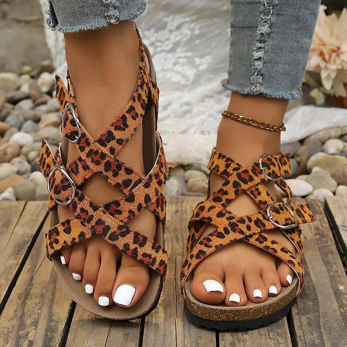 Leopard Buckle Platform Sandals - GlowUp Garments