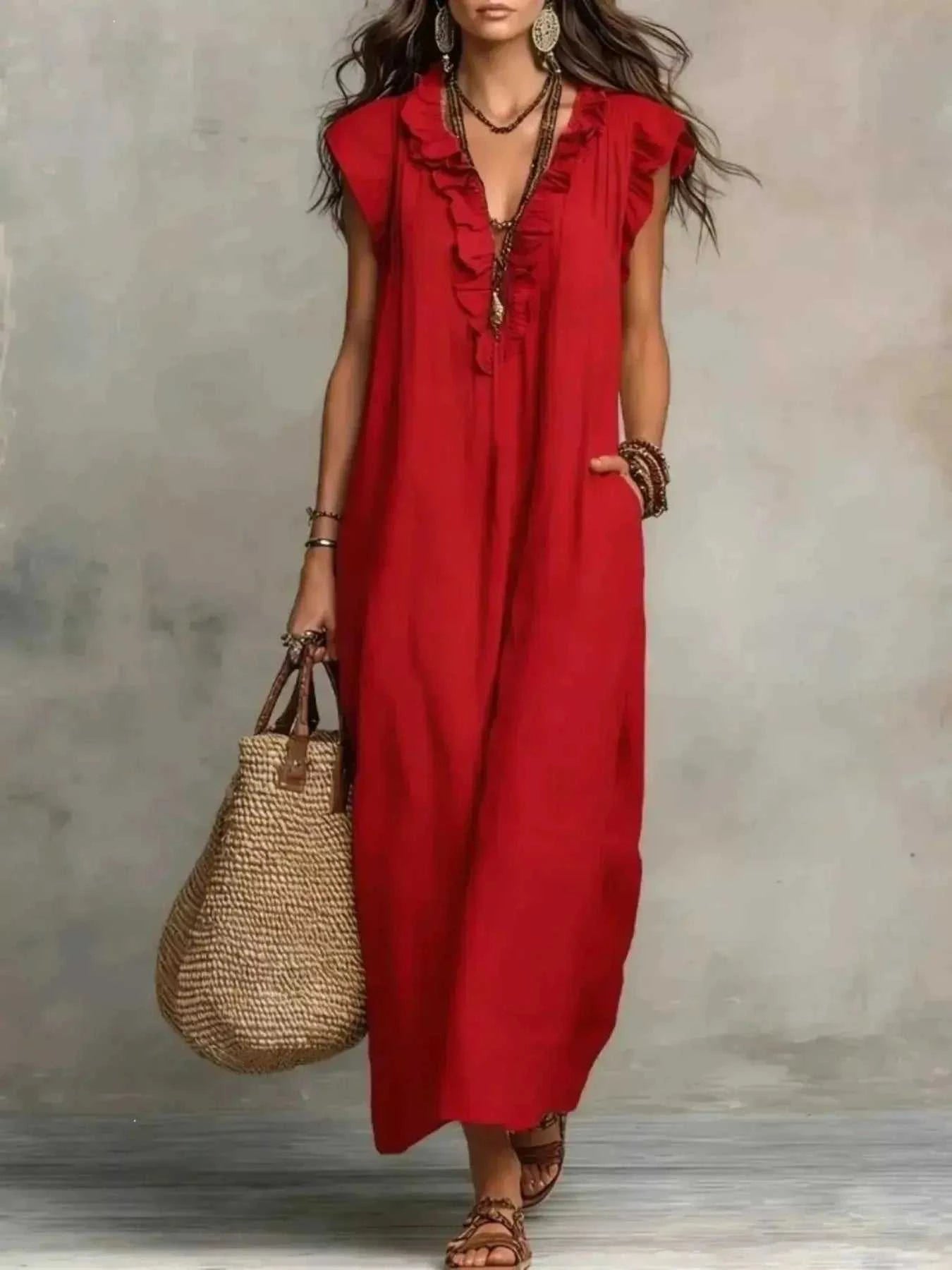 Full Size Ruffled V-Neck Cap Sleeve Maxi Dress Plus Size - GlowUp Garments