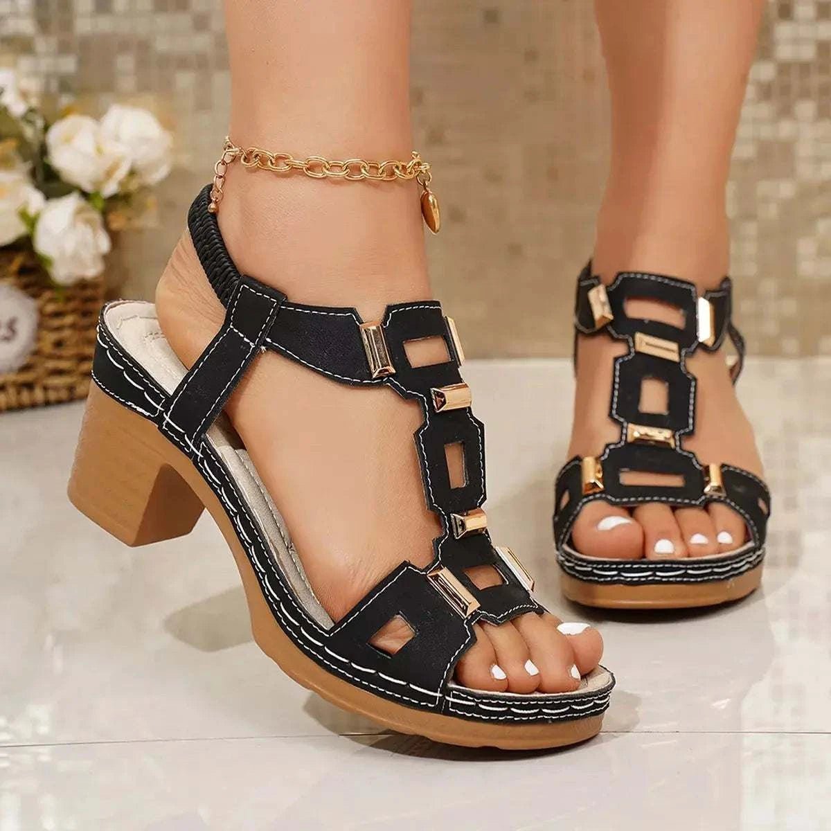 Open Toe Block Heels Sandals - GlowUp Garments