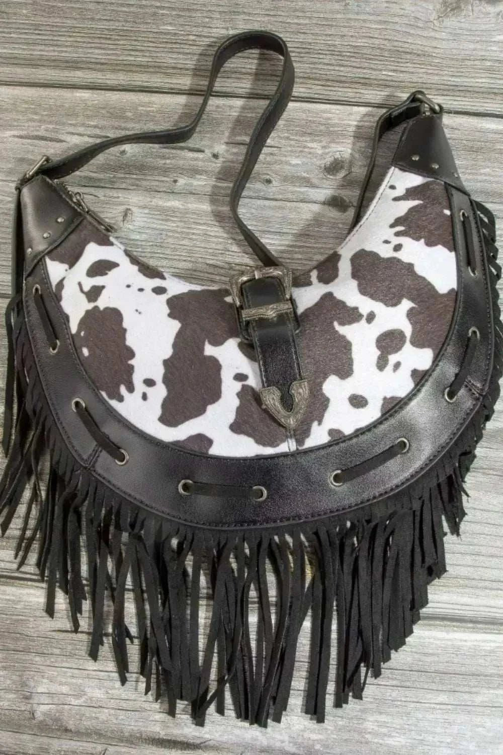 Cow Print Faux Leather Fringe Hobo Bag - GlowUp Garments