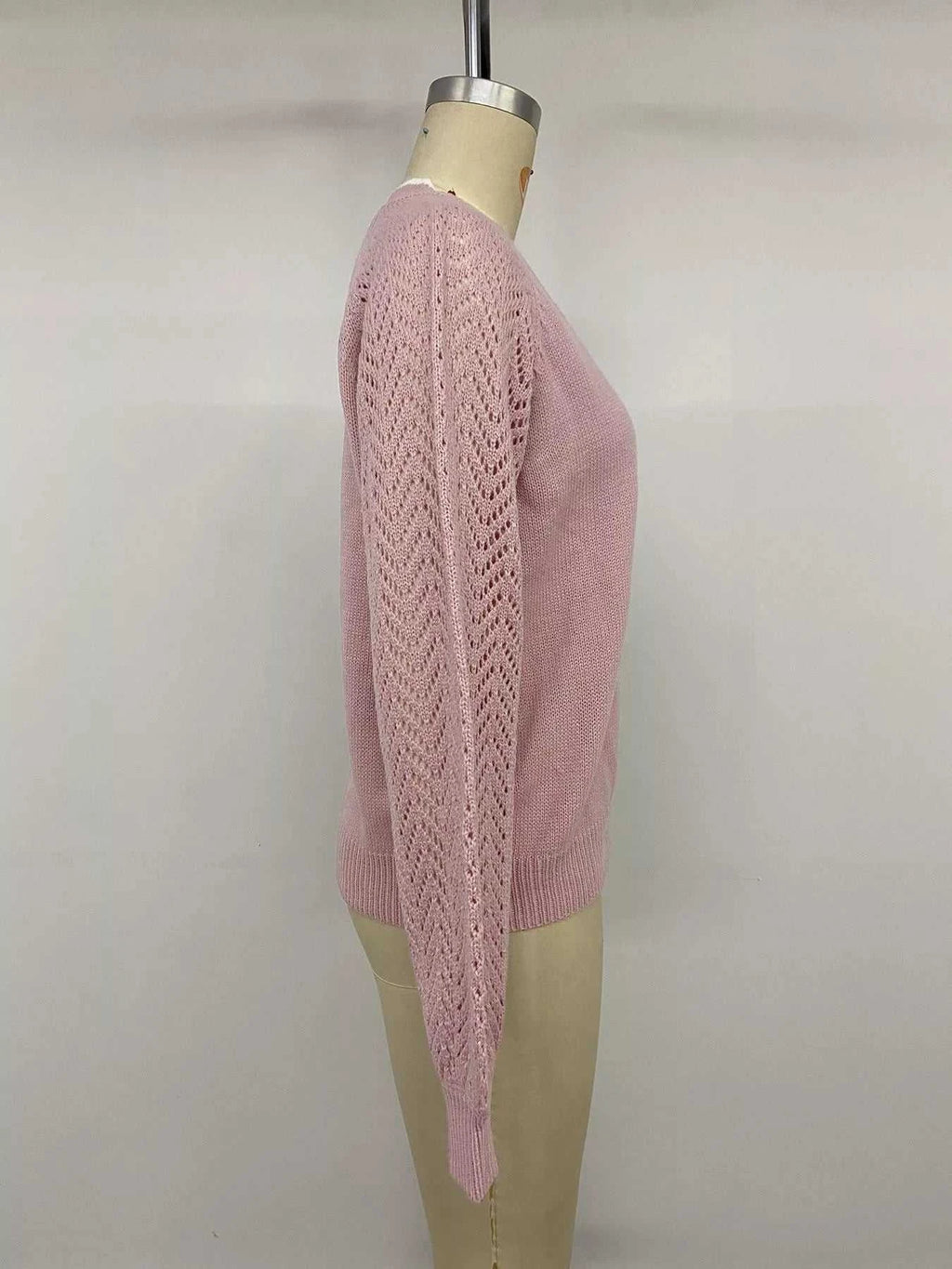 V-Neck Openwork Long Sleeve Sweater - GlowUp Garments