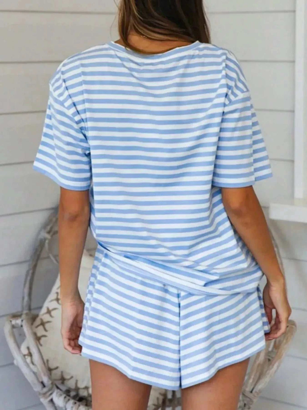 Striped Short Sleeve Tee and Drawstring Shorts Set - GlowUp Garments