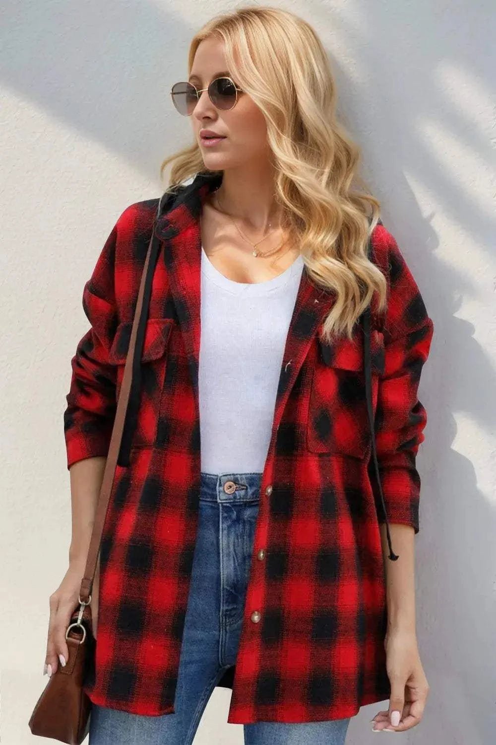 Drawstring Plaid Long Sleeve Hooded Shacket - GlowUp Garments