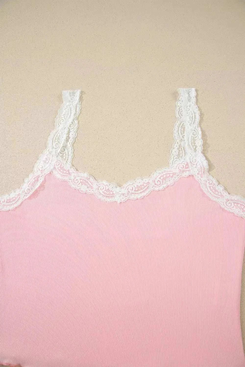 Ribbed Knit Lace Straps Patchwork Lettuce Hem Cropped Top Floral Short Lounge Set - GlowUp Garments