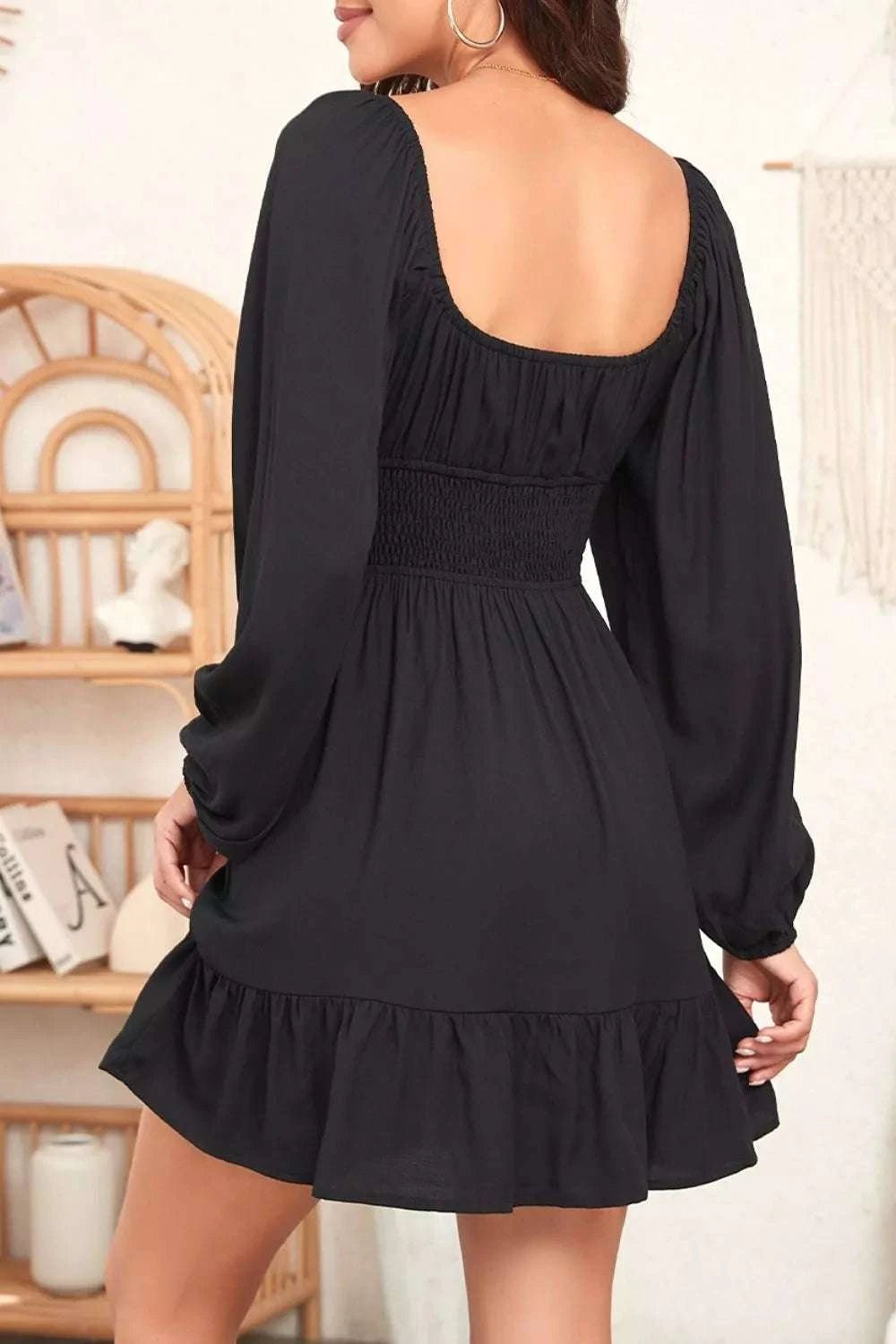 Solid Color Long Sleeve Shirred Drawstring Ruffle Mini Dress - GlowUp Garments
