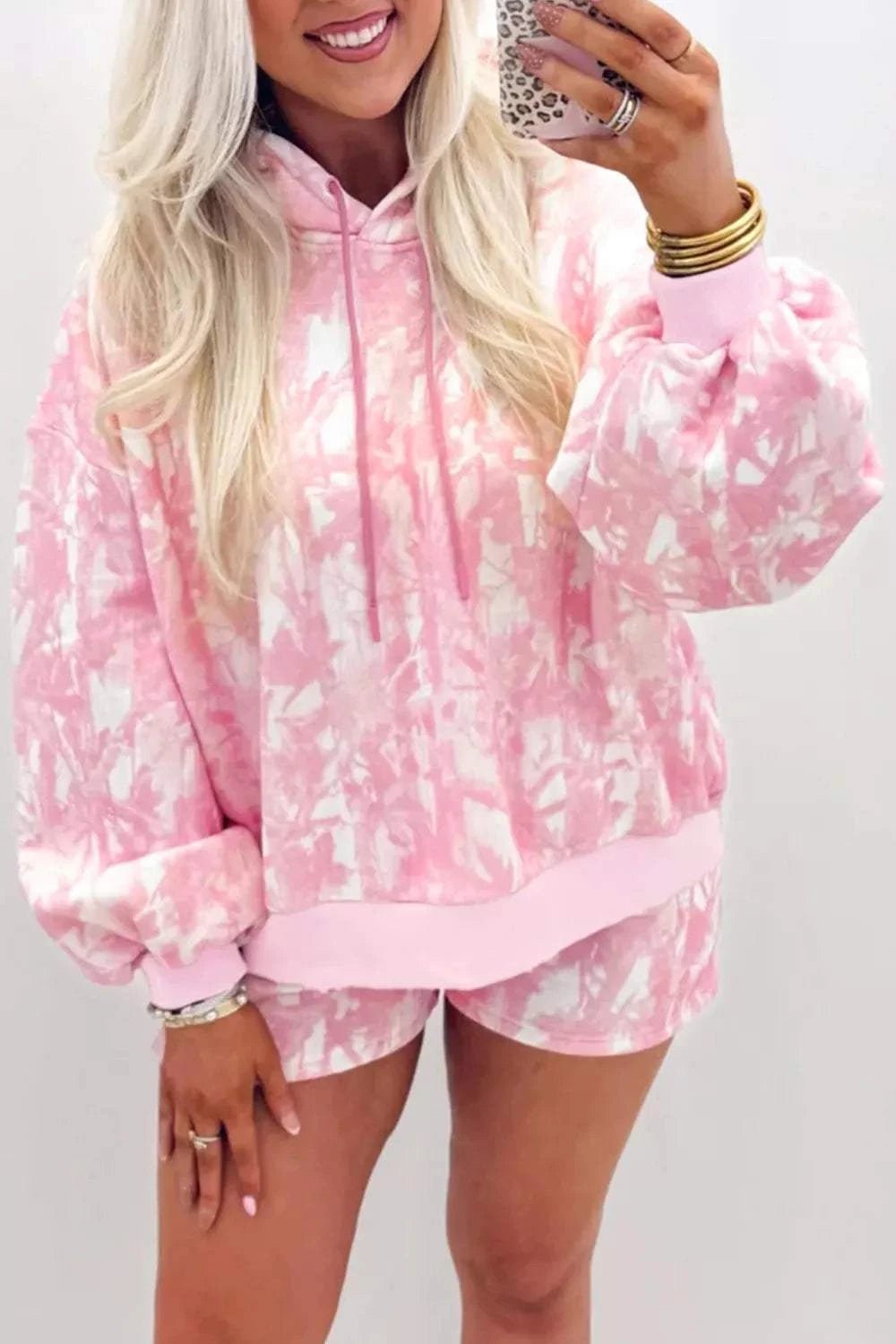 Abstract Print Loose Hoodie Slim Shorts 2pcs Set - GlowUp Garments