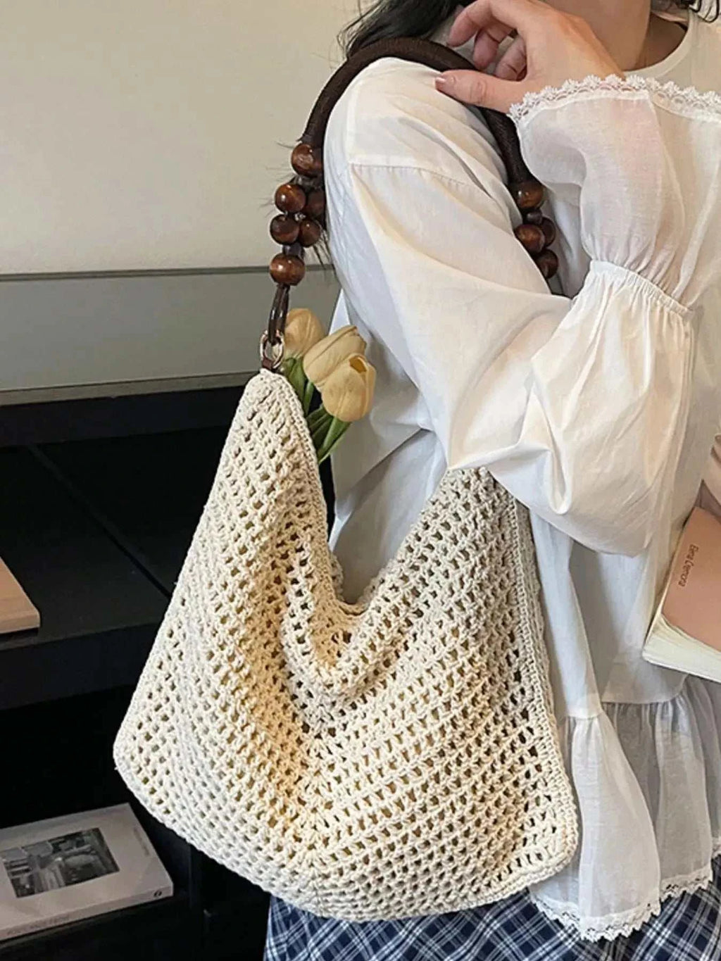 Knitted Shoulder Bag with Wooden Bead Handle - GlowUp Garments