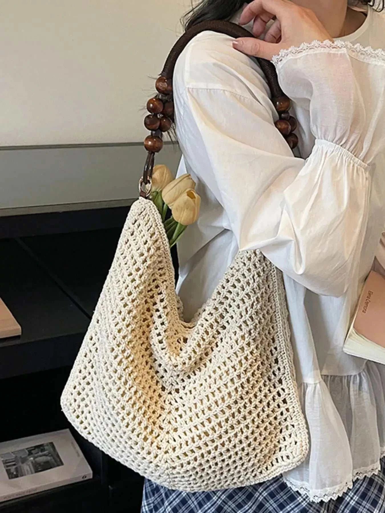 Knitted Shoulder Bag with Wooden Bead Handle - GlowUp Garments