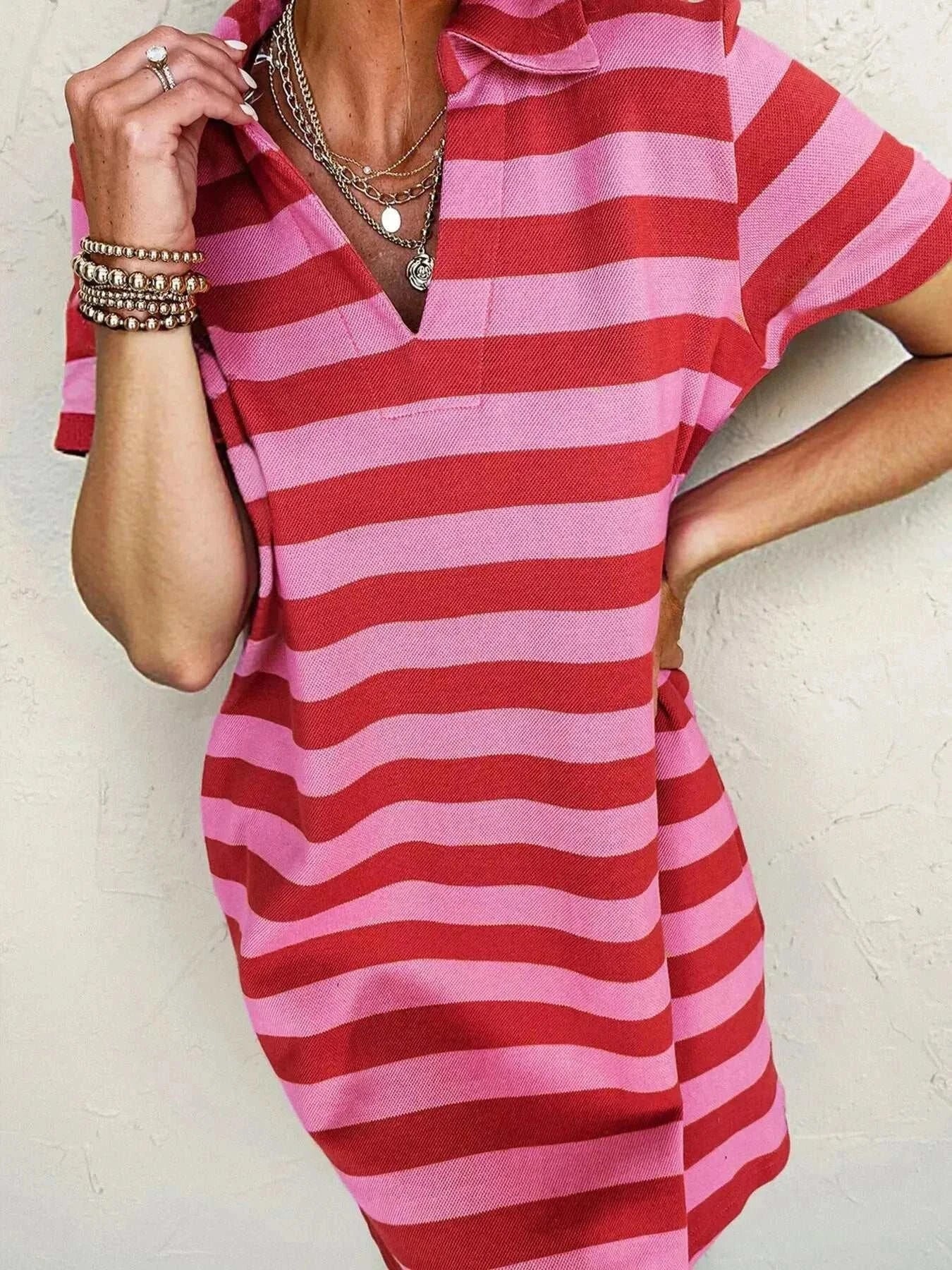 Striped Johnny Collar Short Sleeve Dress - GlowUp Garments