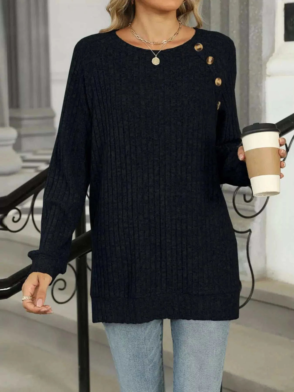 Round Neck Side Slit Ribbed Knit Top with Asymmetric Button Detail - GlowUp Garments