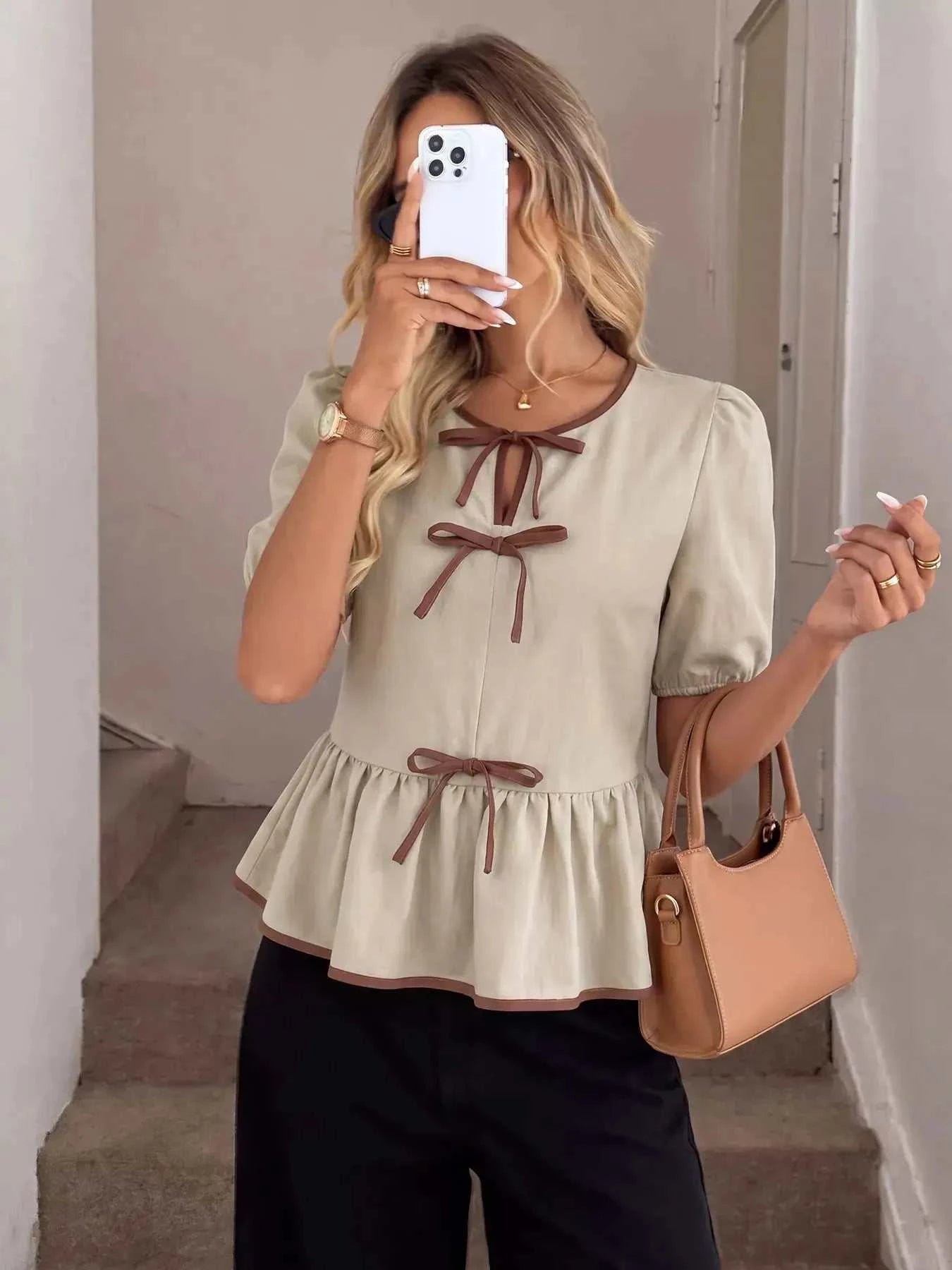 Bow Front Ruffle Hem Blouse - GlowUp Garments