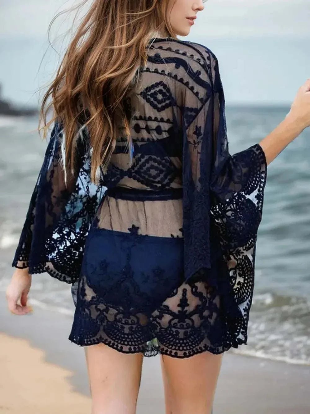 Lace V-Neck Three-Quarter Sleeve Cover Up - GlowUp Garments