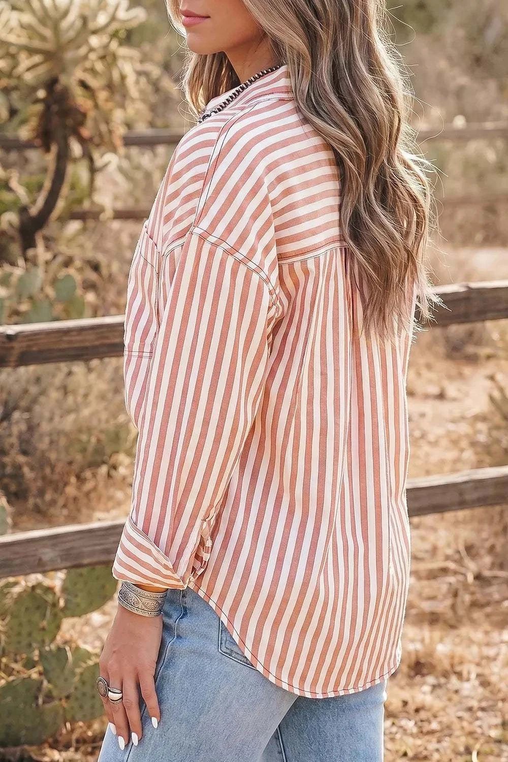 Stripe Western Button Down Long Sleeve Casual Shirt - GlowUp Garments
