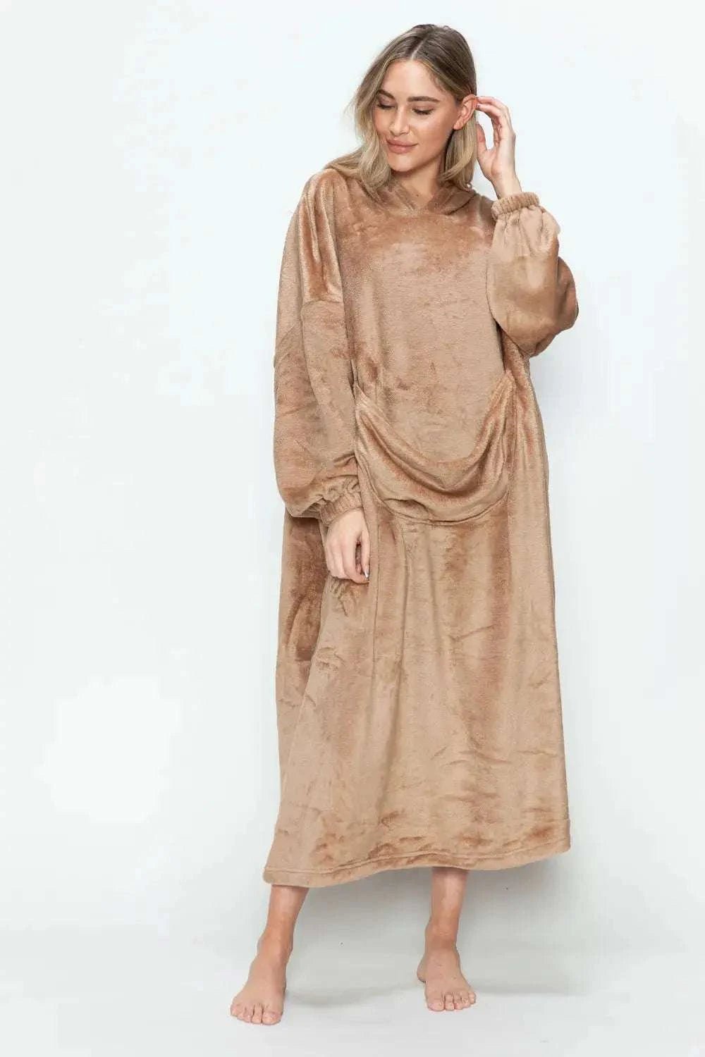 Double Take Full Size Pocketed Hooded Midi Lounge Dress - GlowUp Garments