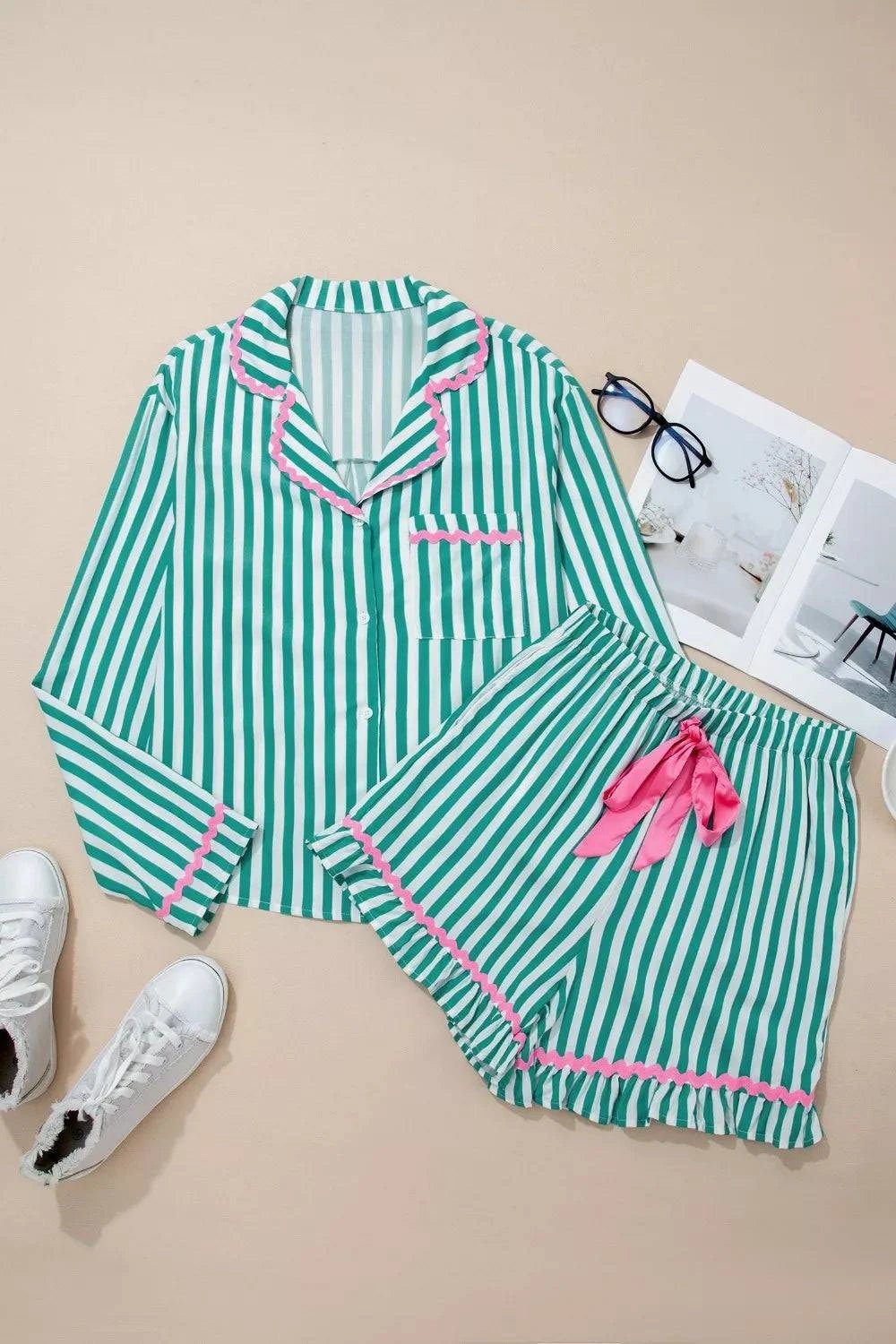 Stripe Contrast Ricrac Trim Long Sleeve Shirt Drawstring Ruffled Pajama Short Set - GlowUp Garments