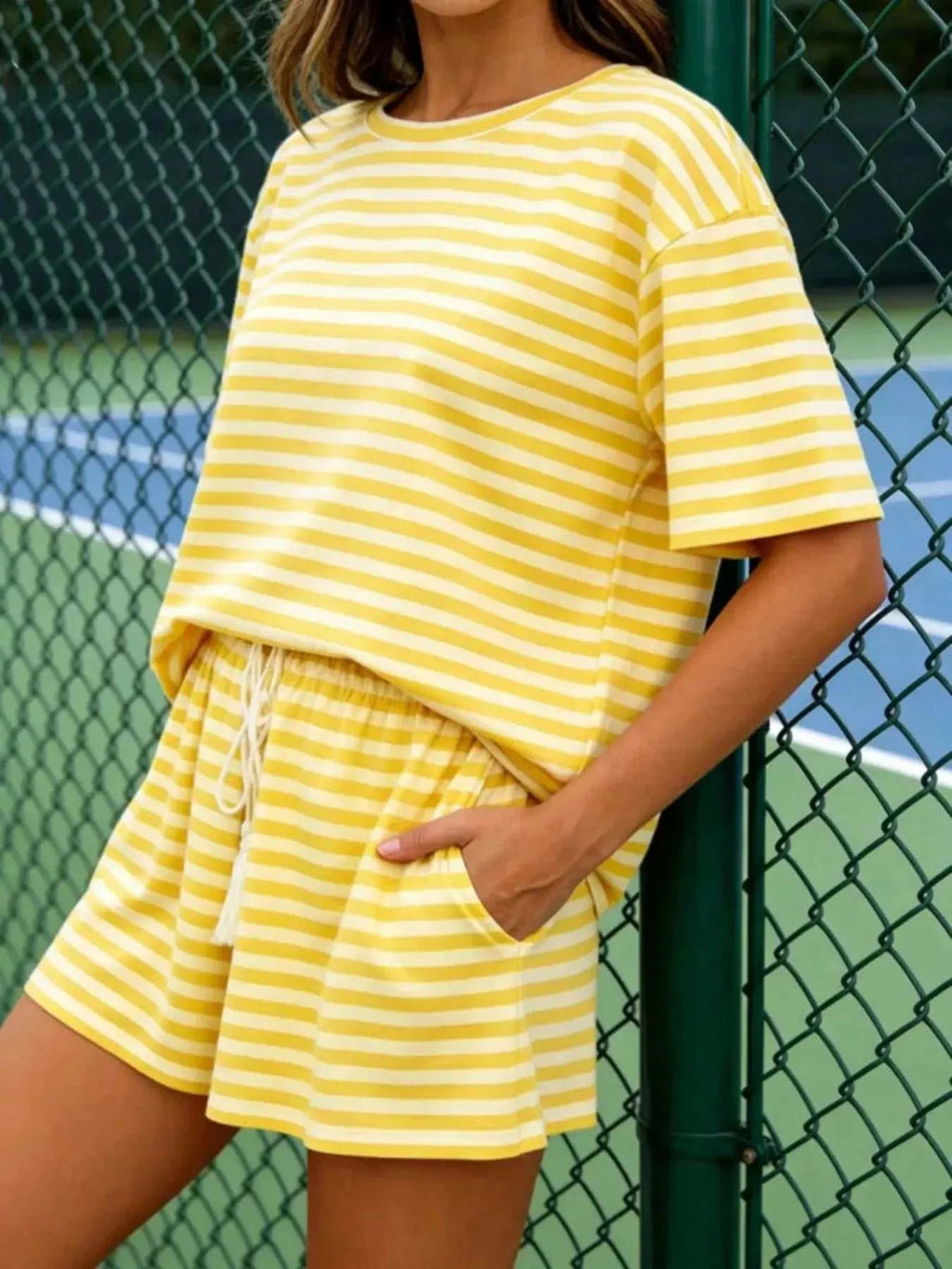 Striped Short Sleeve Tee and Drawstring Shorts Set - GlowUp Garments