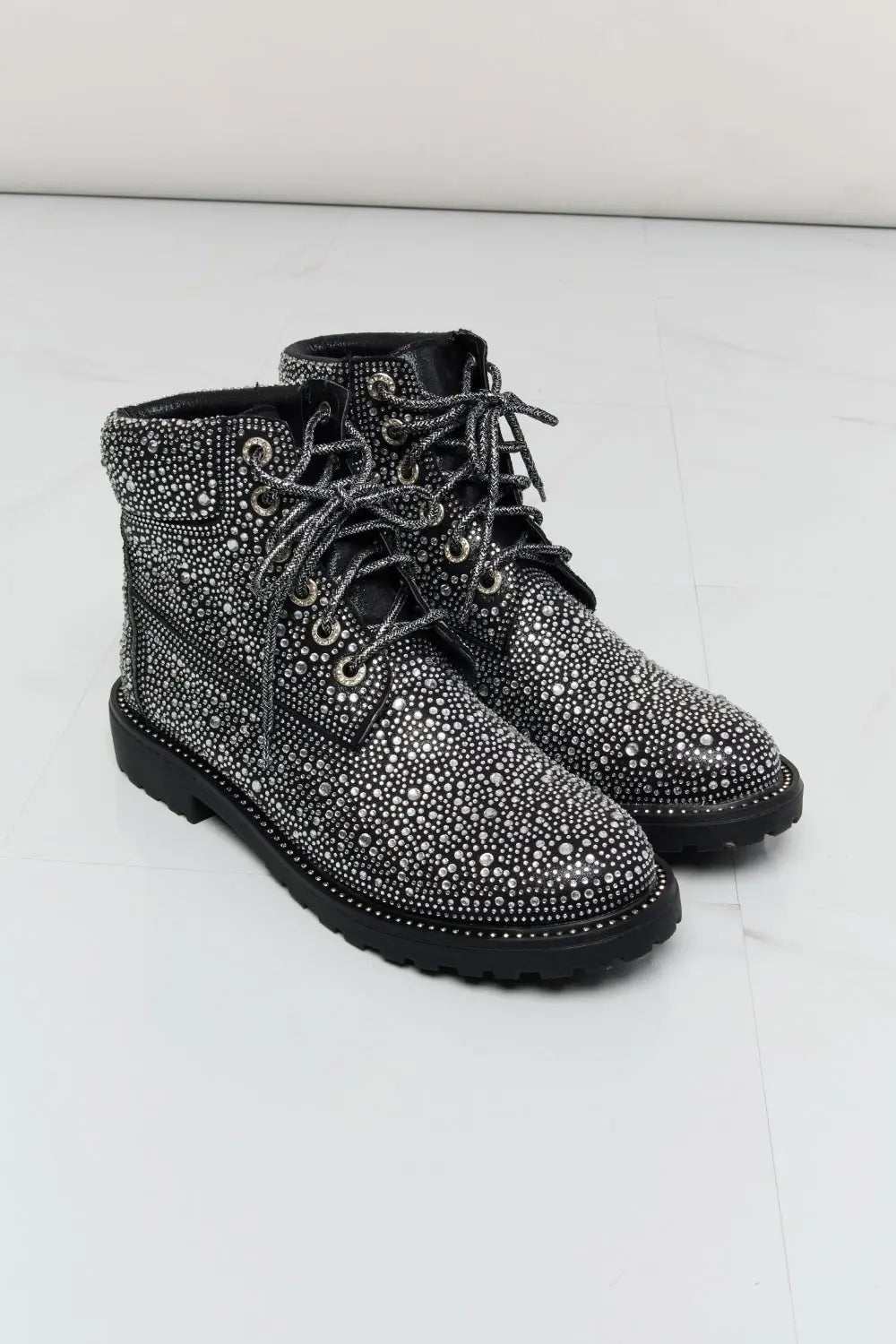 Forever Link Rhinestone Lace-Up Combat Boots - GlowUp Garments