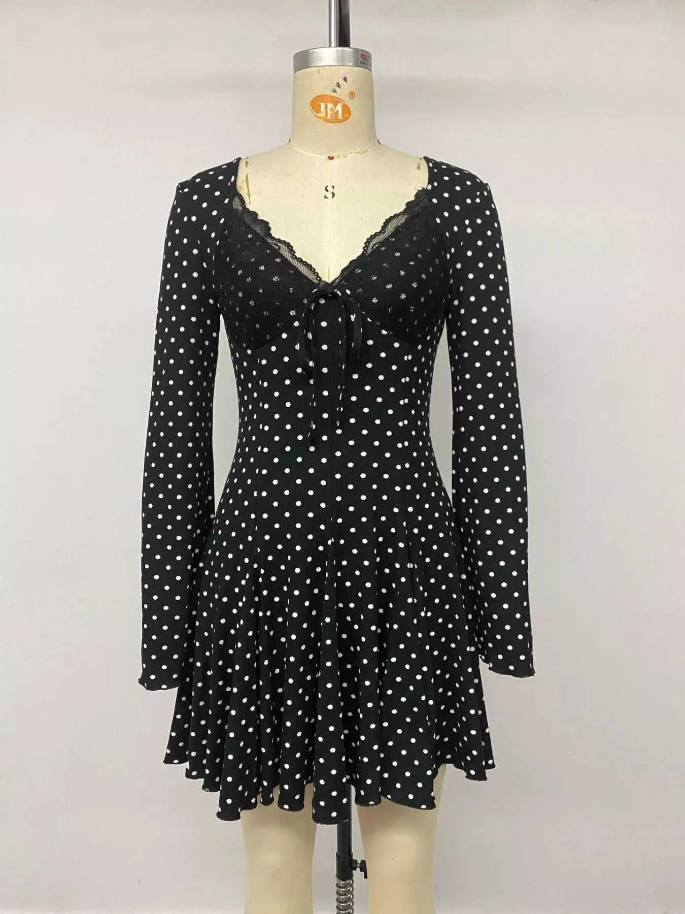 Polka Dot Lace Trimmed V-Neck Mini Dress - GlowUp Garments