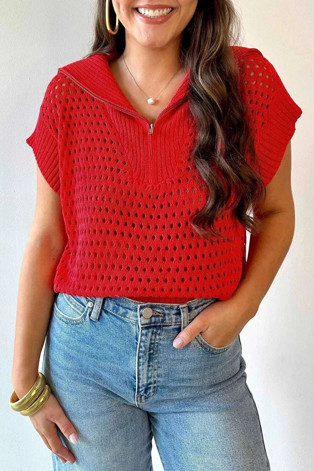 Openwork Quarter-Zip Knit Top - GlowUp Garments
