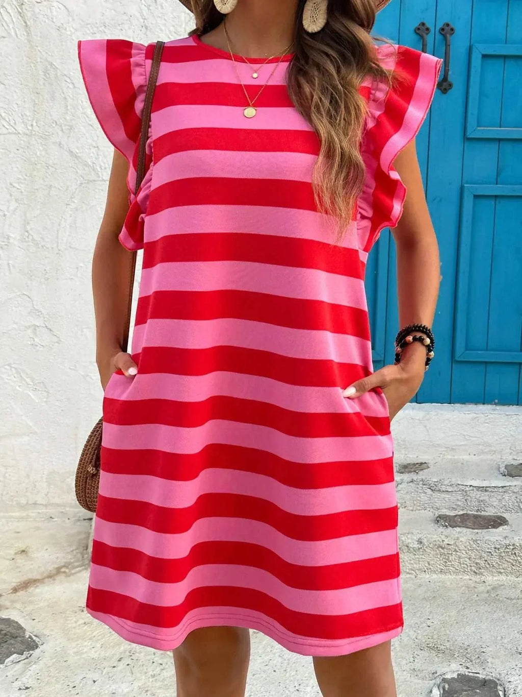 Striped Ruffle Sleeve Casual Summer Dress - GlowUp Garments