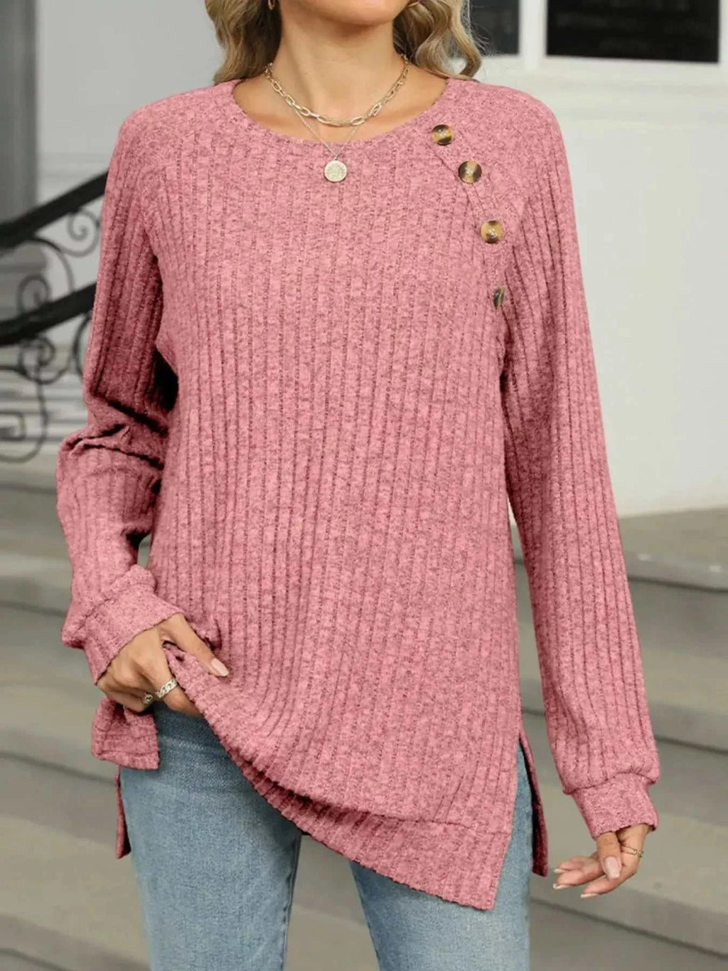 Round Neck Side Slit Ribbed Knit Top with Asymmetric Button Detail - GlowUp Garments