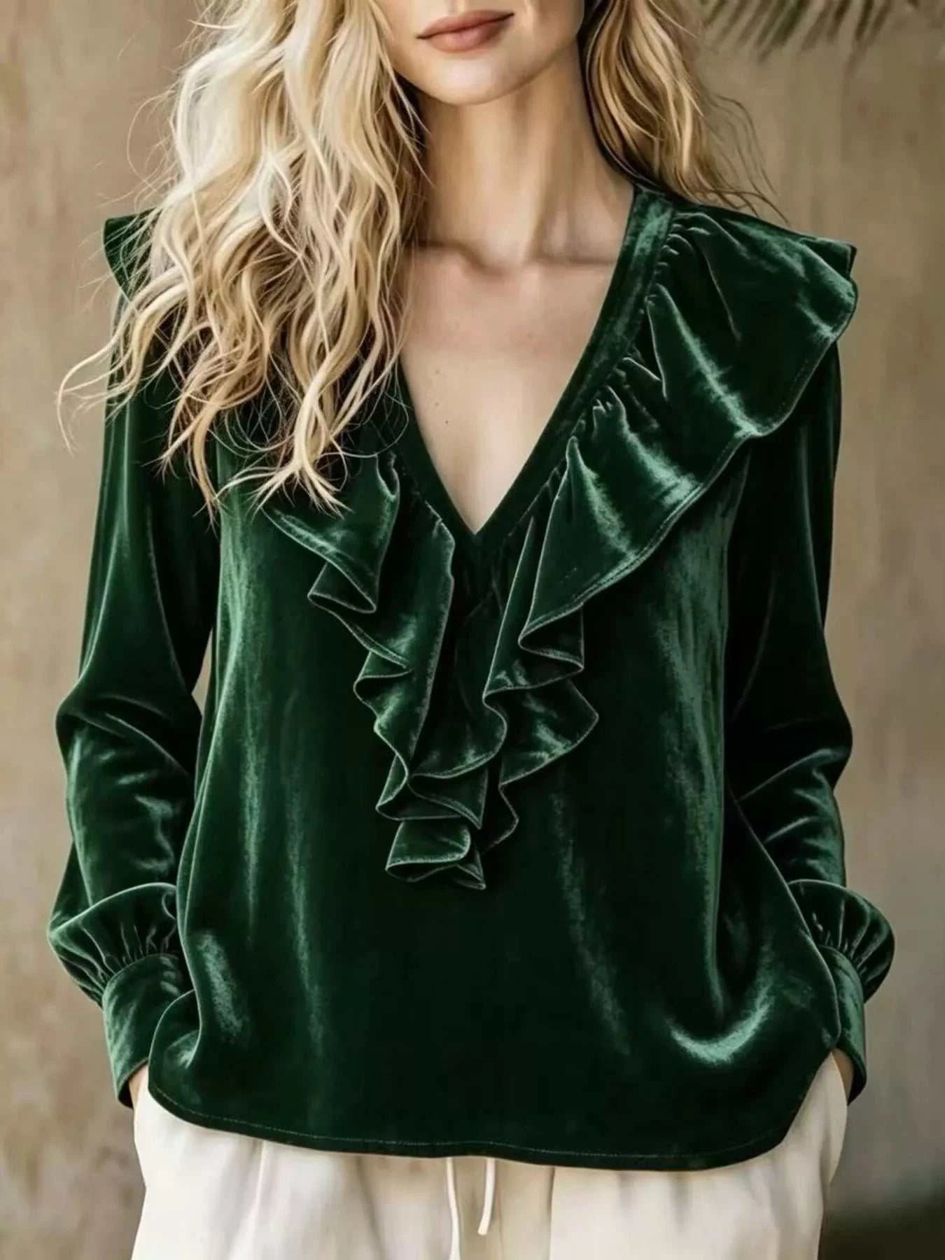 Full Size Ruffled V-Neck Long Sleeve Blouse Plus Size - GlowUp Garments