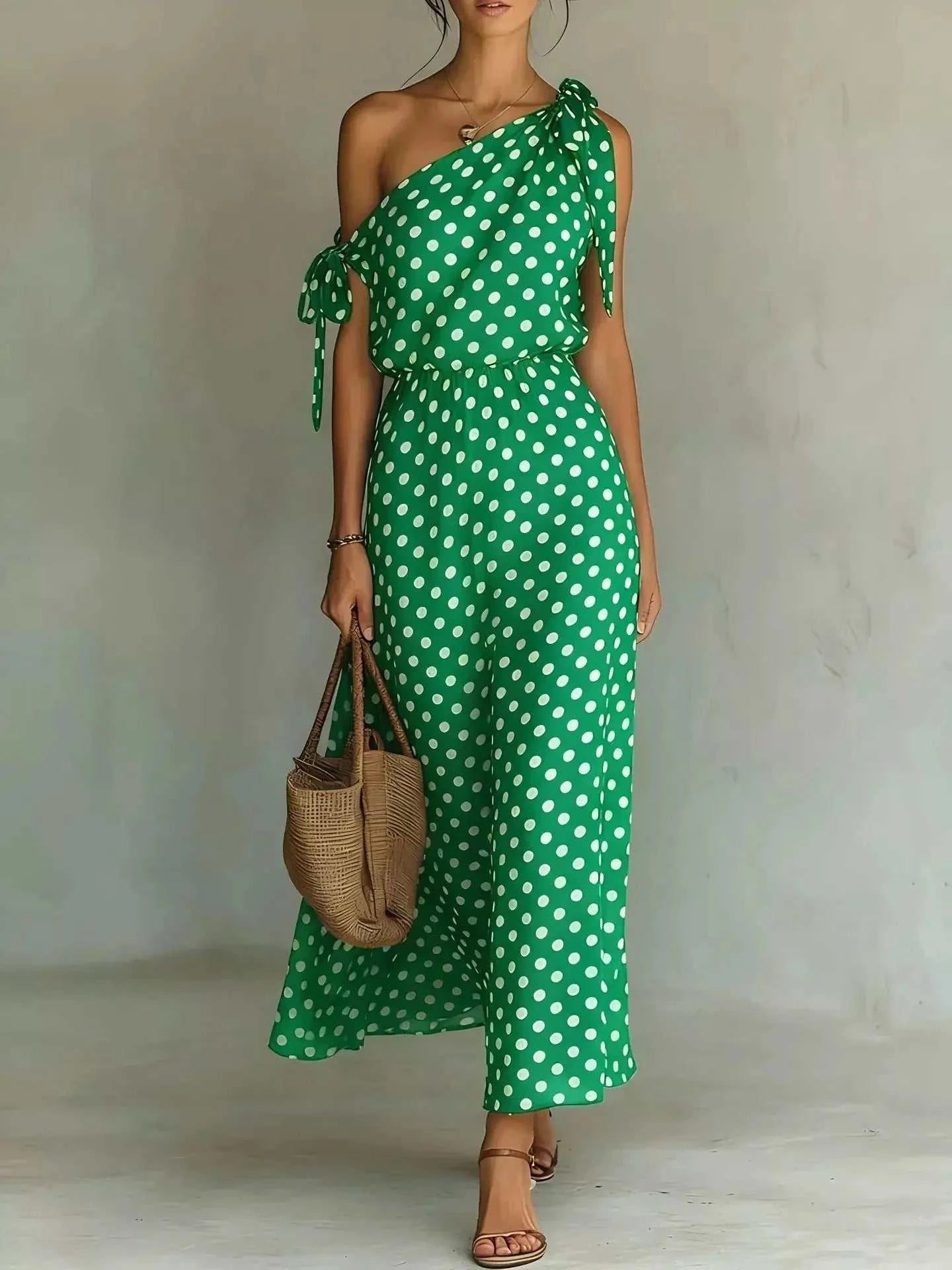 Full Size Polka Dot One-Shoulder Maxi Dress Plus Size - GlowUp Garments