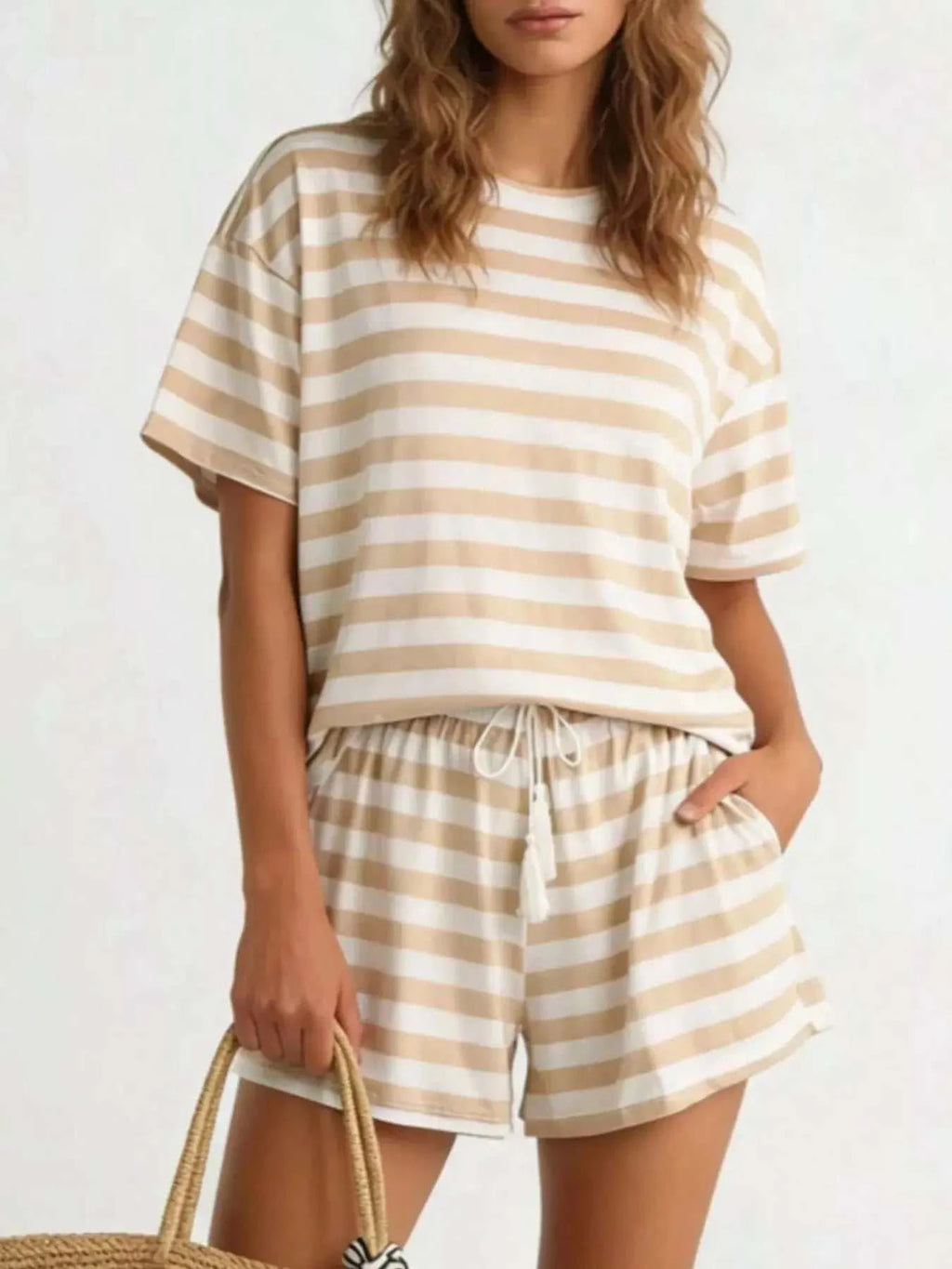 Striped Short Sleeve Tee and Drawstring Shorts Set - GlowUp Garments